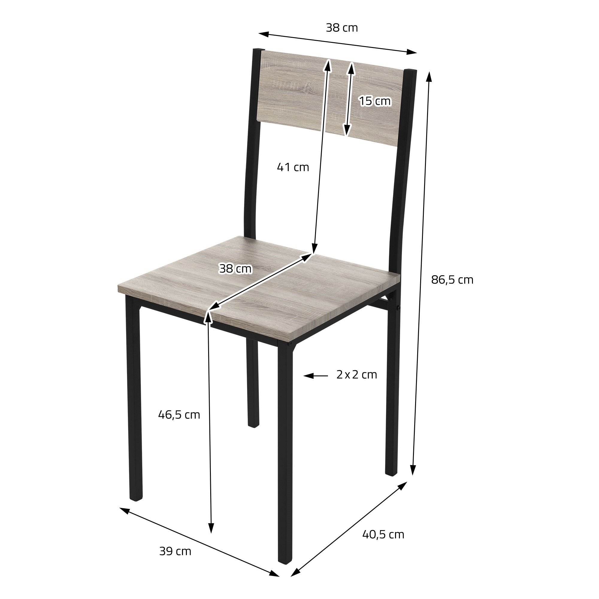 Maßzeichnung eines Stuhls mit Holzsitz und schwarzem Gestell.