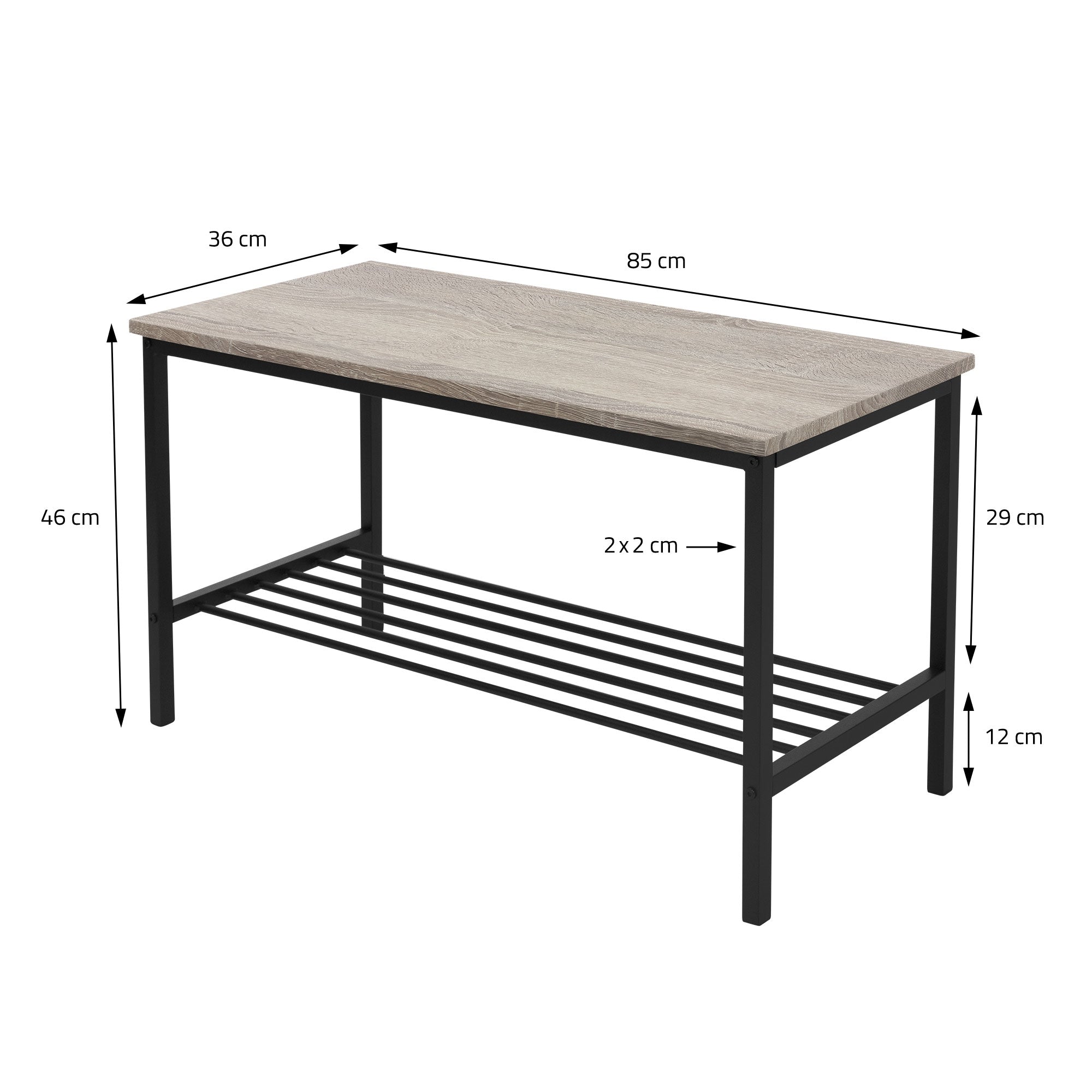 Ein rechteckiger Tisch mit Holzplatte und schwarzem Metallgestell, Maße angegeben.