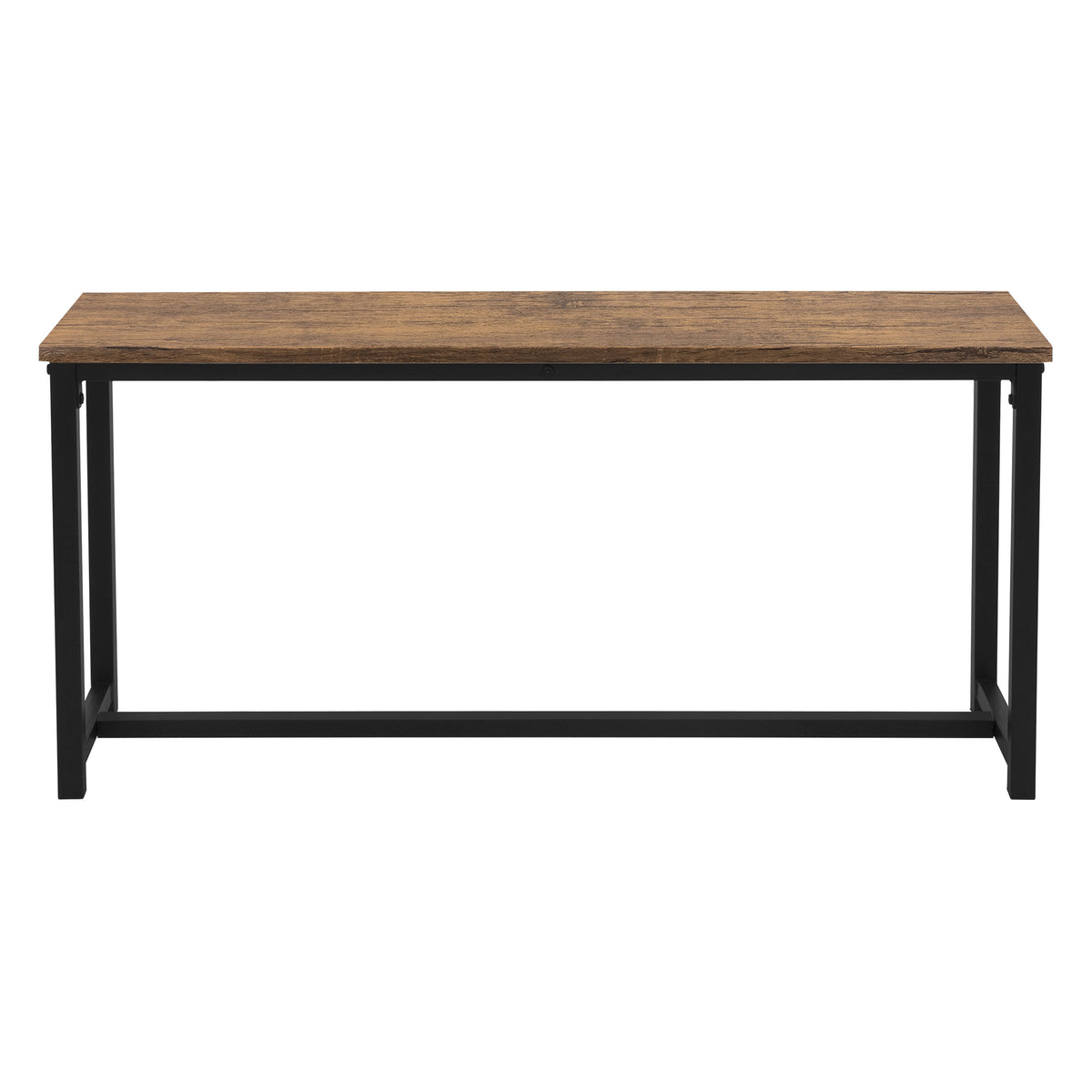 Lunga panca stretta in legno con struttura nera.