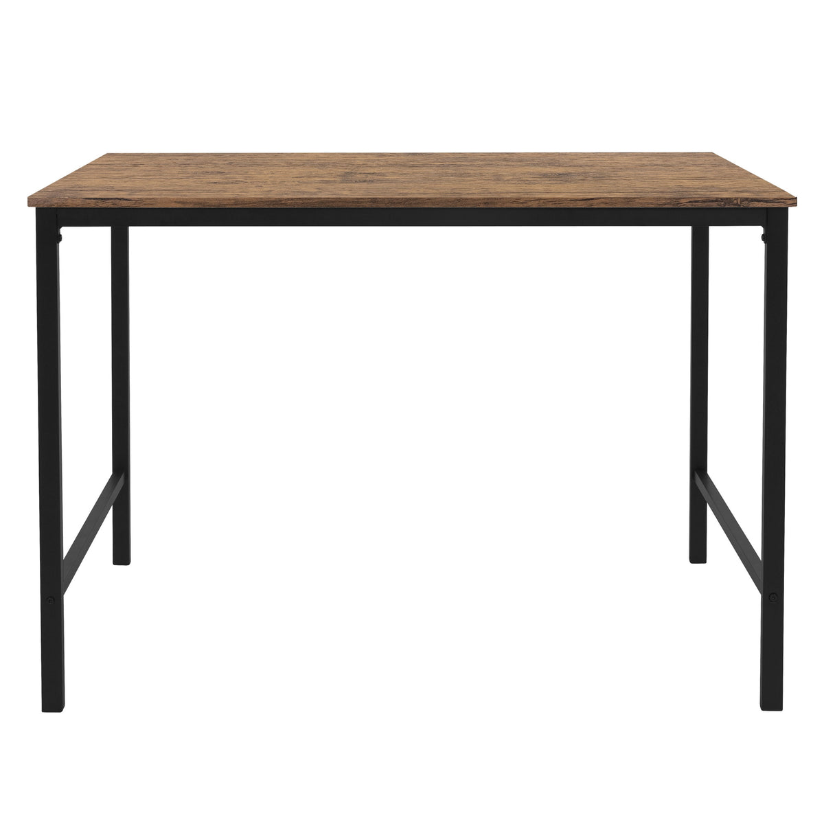 Tavolo con piano in legno marrone e struttura nera visto frontalmente.