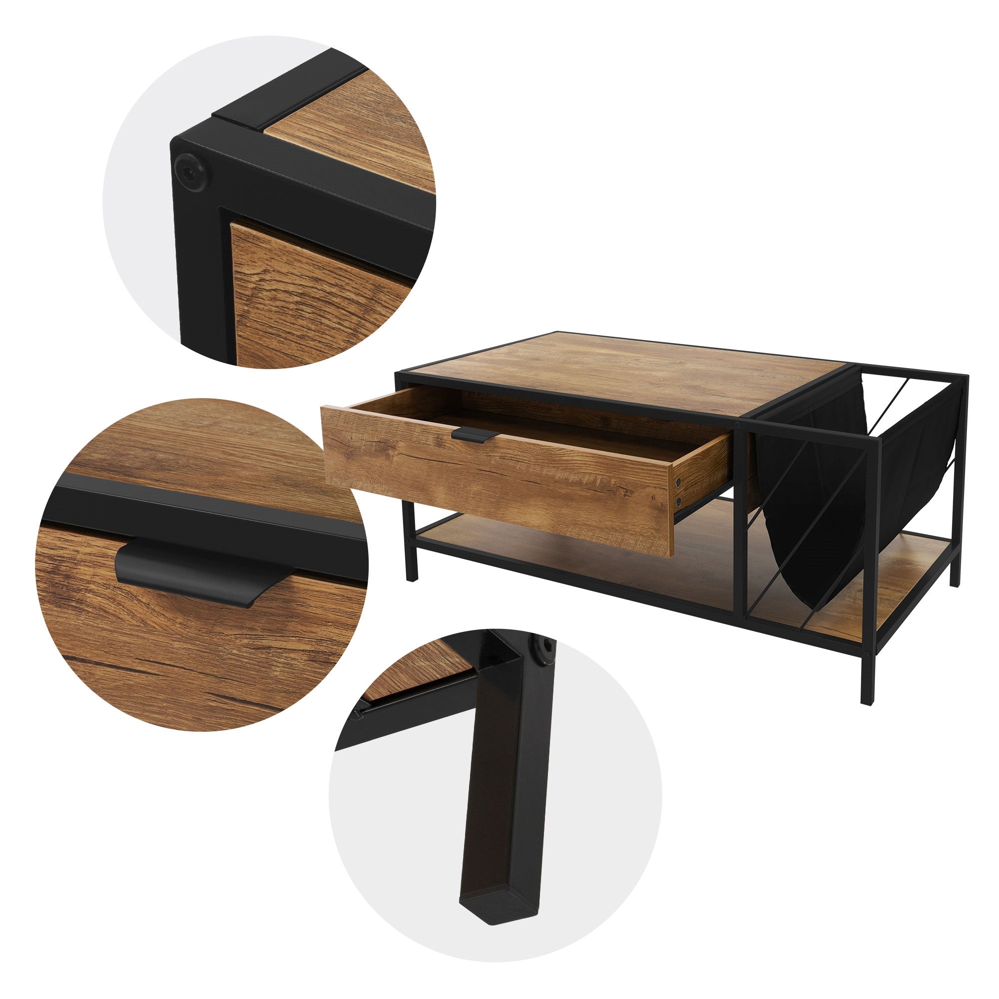 Detailansicht eines Couchtischs mit Schublade und Holzoberfläche.