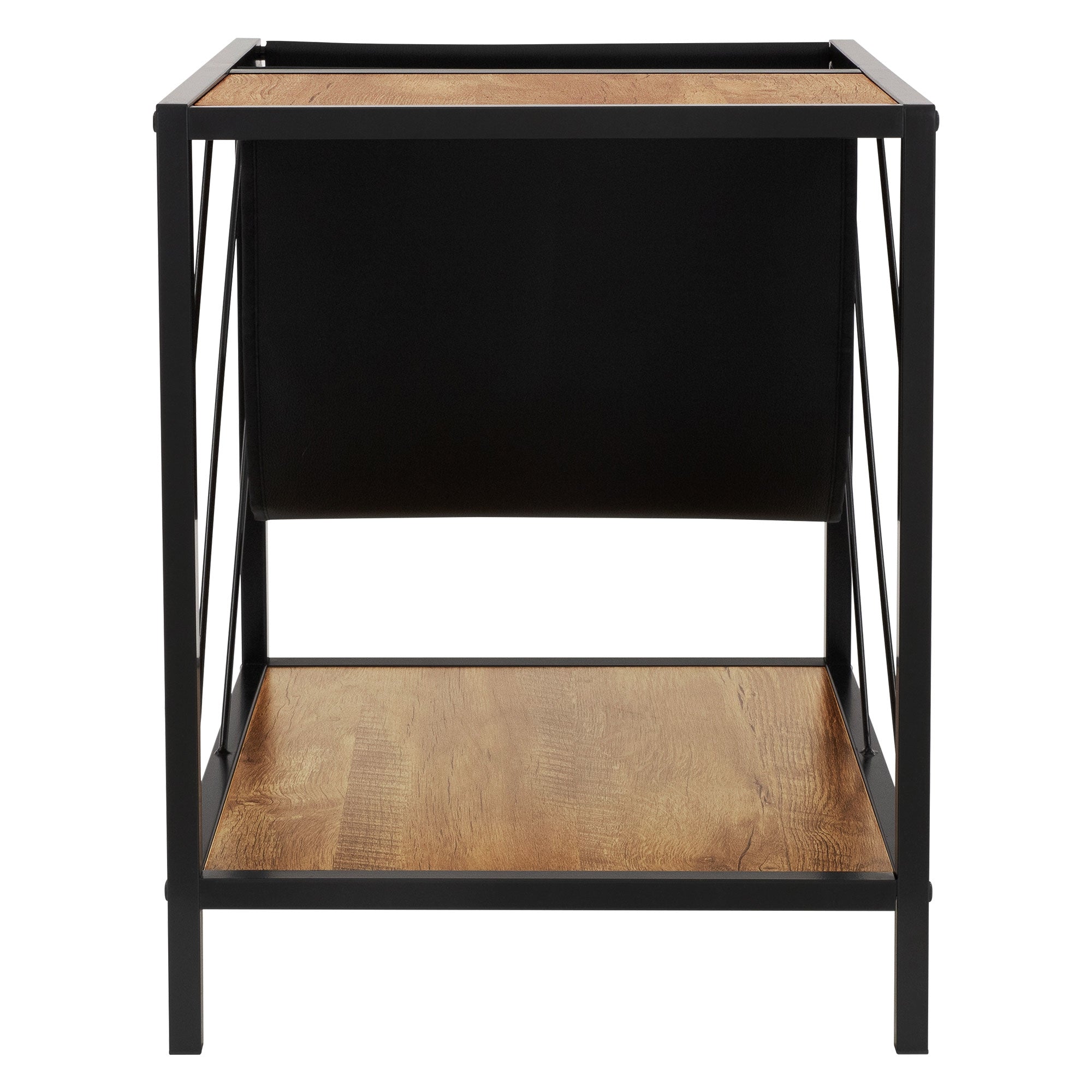 Vue de face d'une table avec plateau en bois et cadre noir.