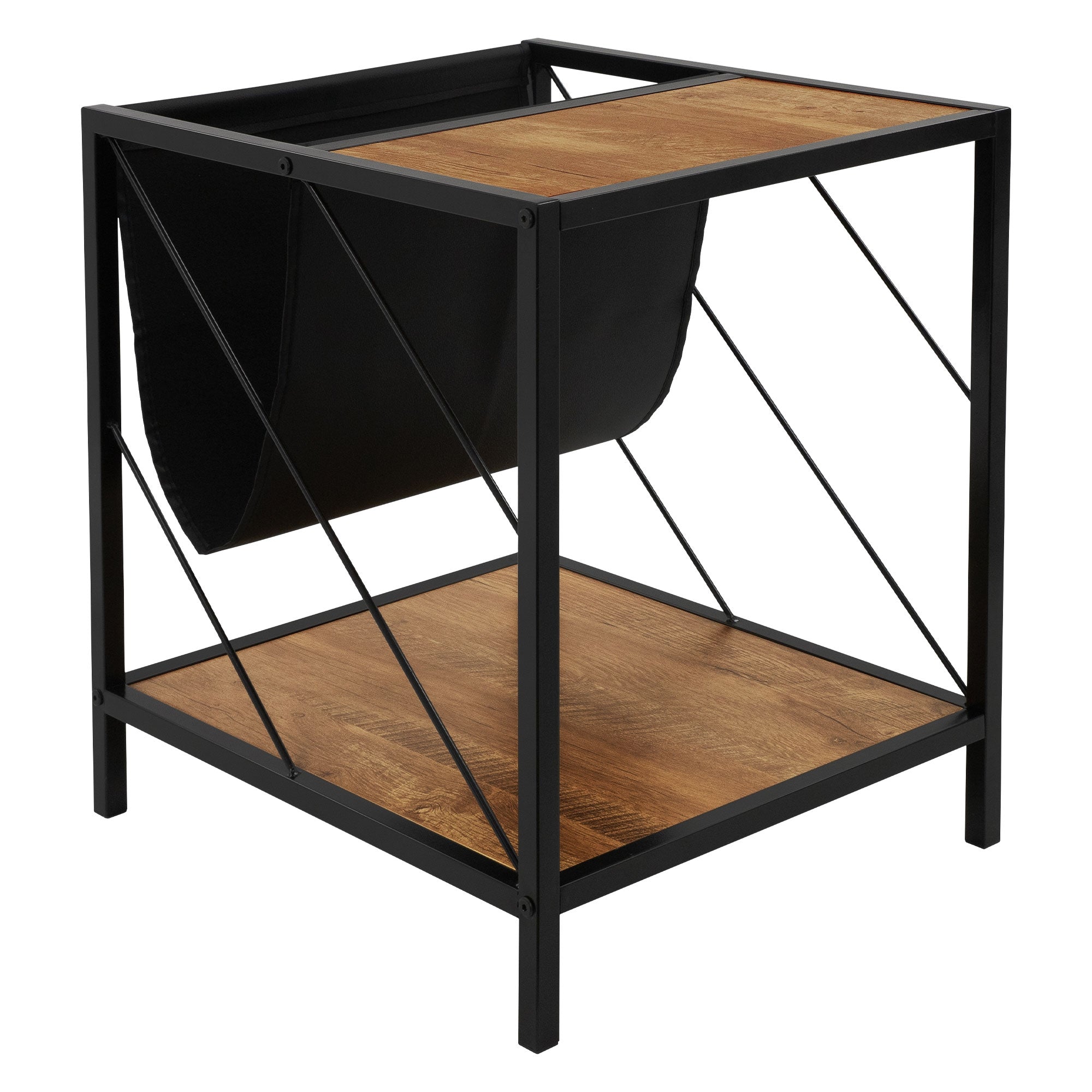 Tisch mit Holzoberfläche und schwarzem Stoffbehälter, auf einem Holzfußboden.