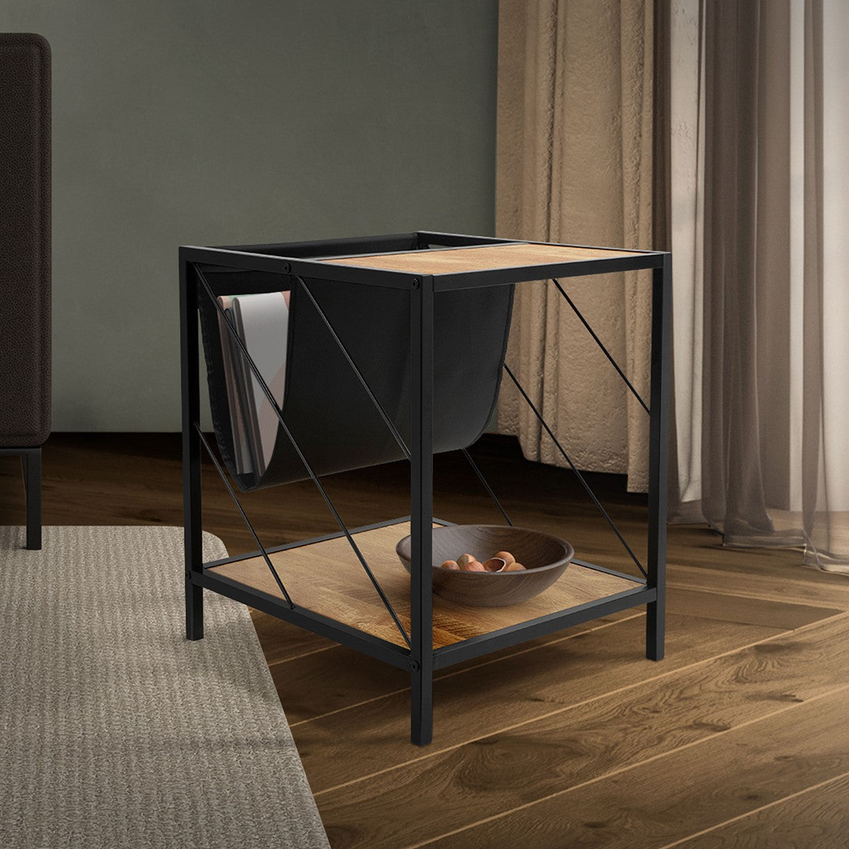 Black side table with a wooden top and magazine rack.