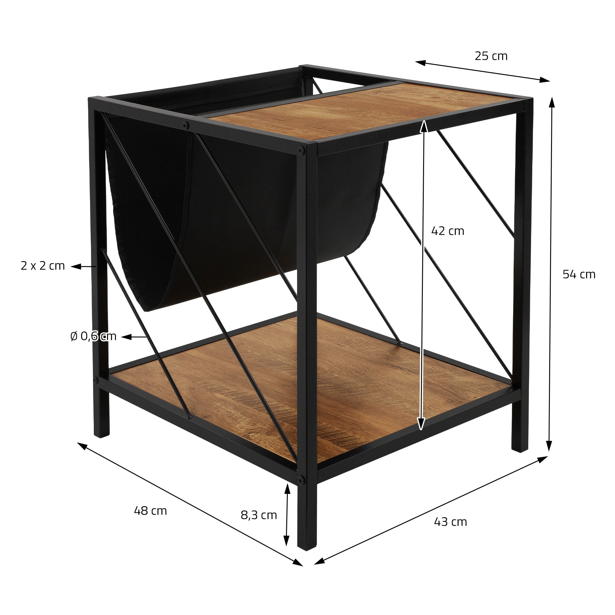 Une table avec un plateau en bois et un cadre noir, les dimensions sont indiquées.