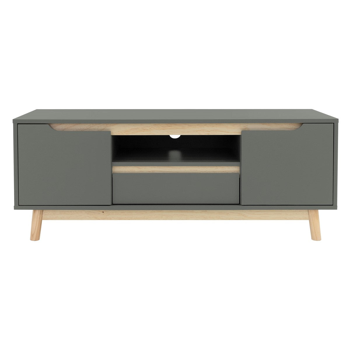 Ein grauer TV-Schrank mit zwei Türen und einem offenen Fach.