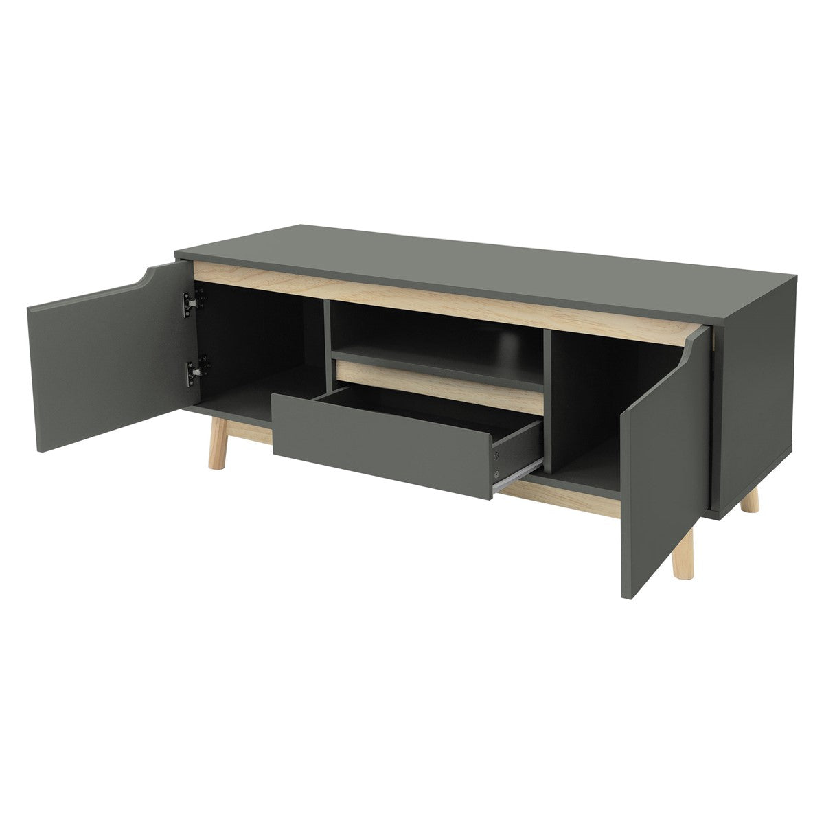 Fernsehschrank mit offenen Fächern und Schublade, Türen geöffnet.