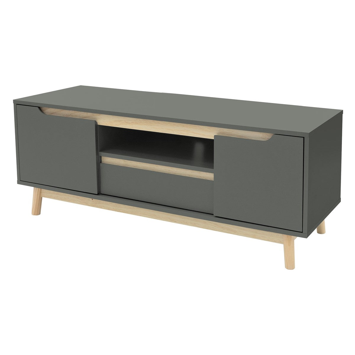 Ein grauer TV-Schrank mit zwei geschlossenen Türen und einem offenen Fach.
