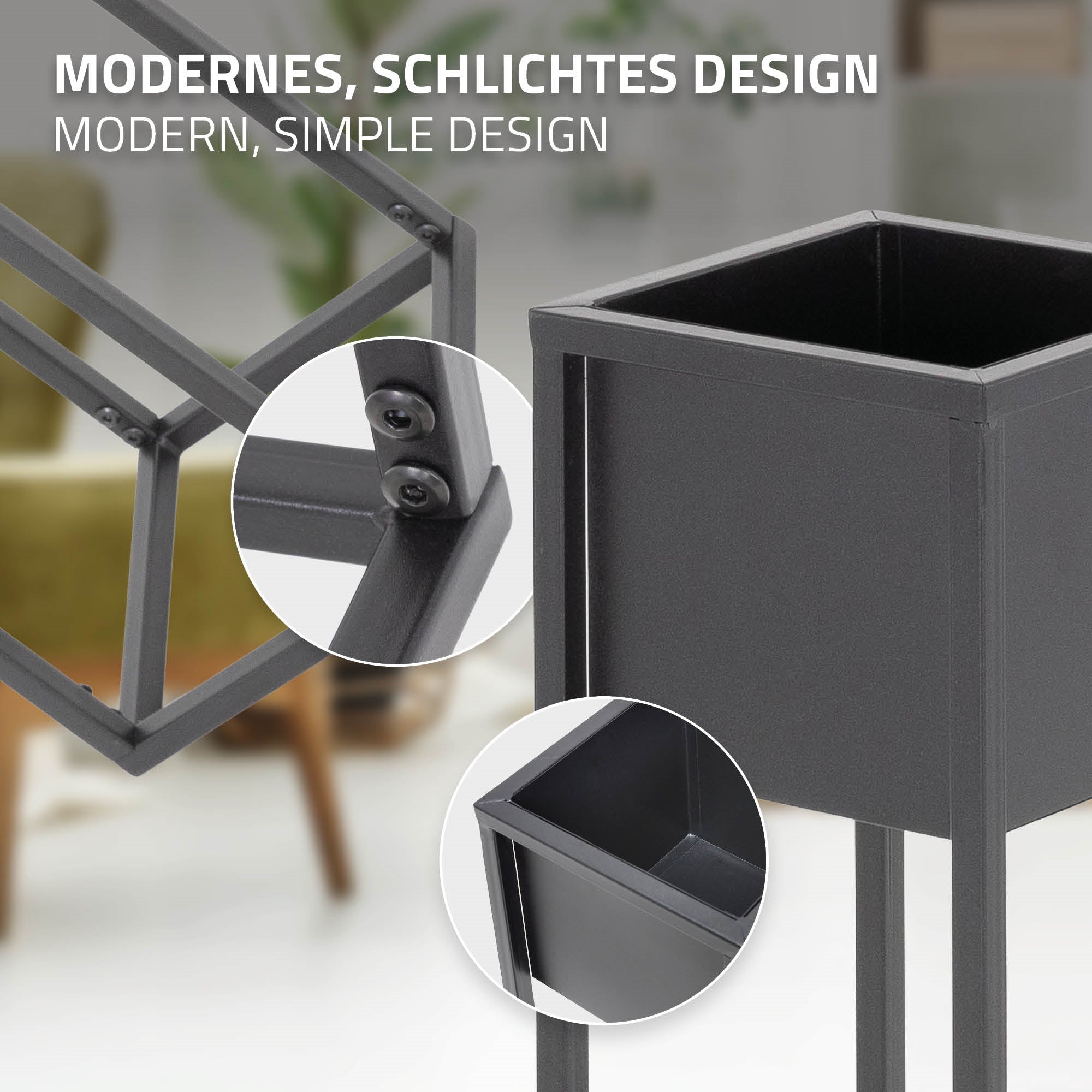 Detailansicht eines modernen Pflanzgefäßes mit schwarzem Gestell.