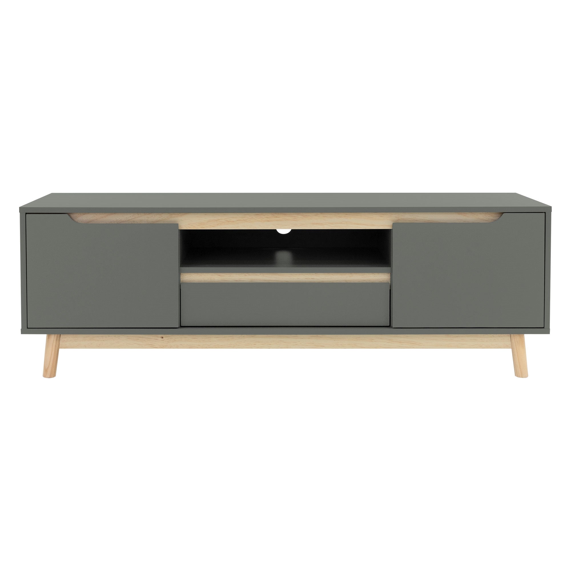 Ein grauer TV-Schrank mit zwei Türen und einer Schublade auf Holzbeinen.