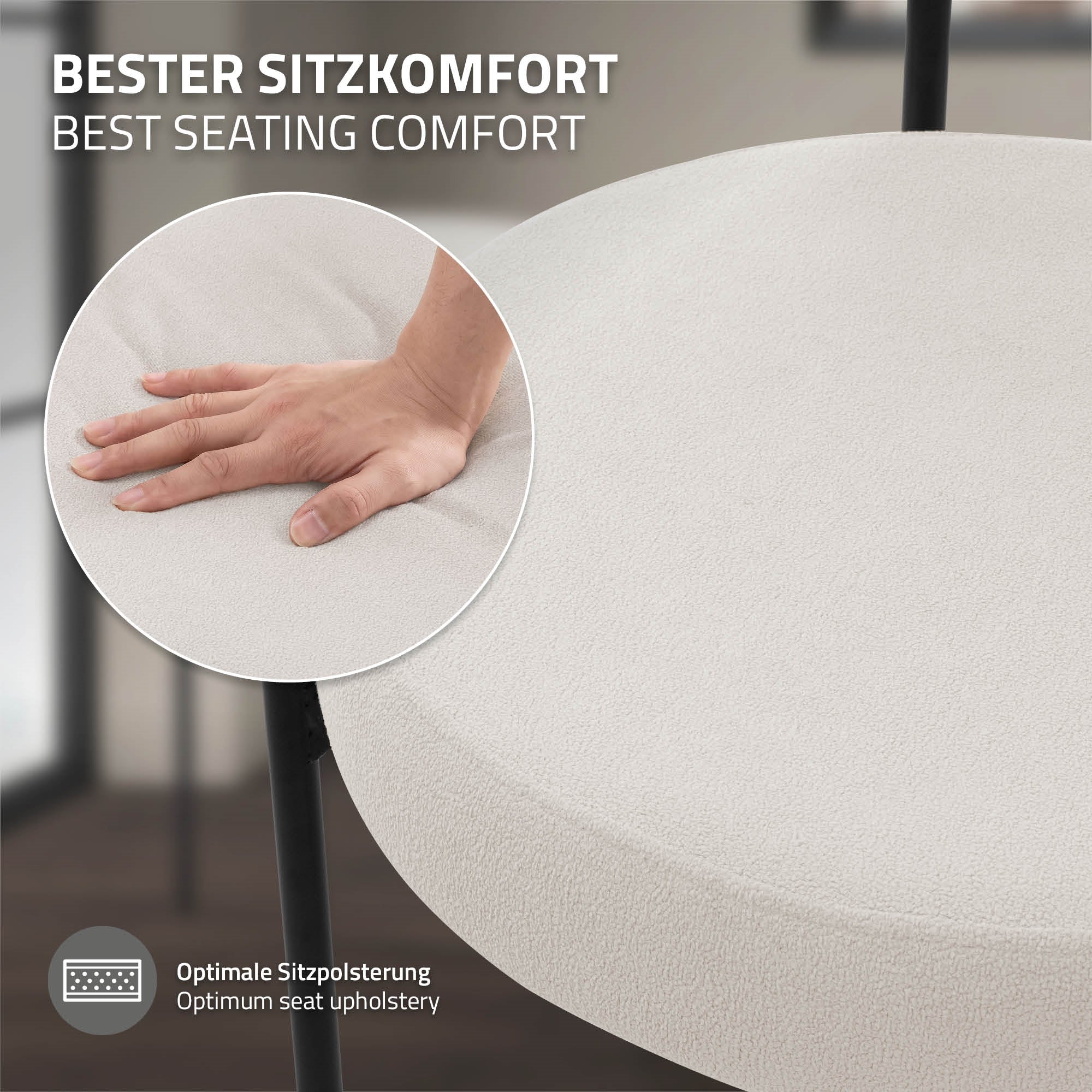 Nahaufnahme eines Stuhls mit Hand, die die Polsterung testet.