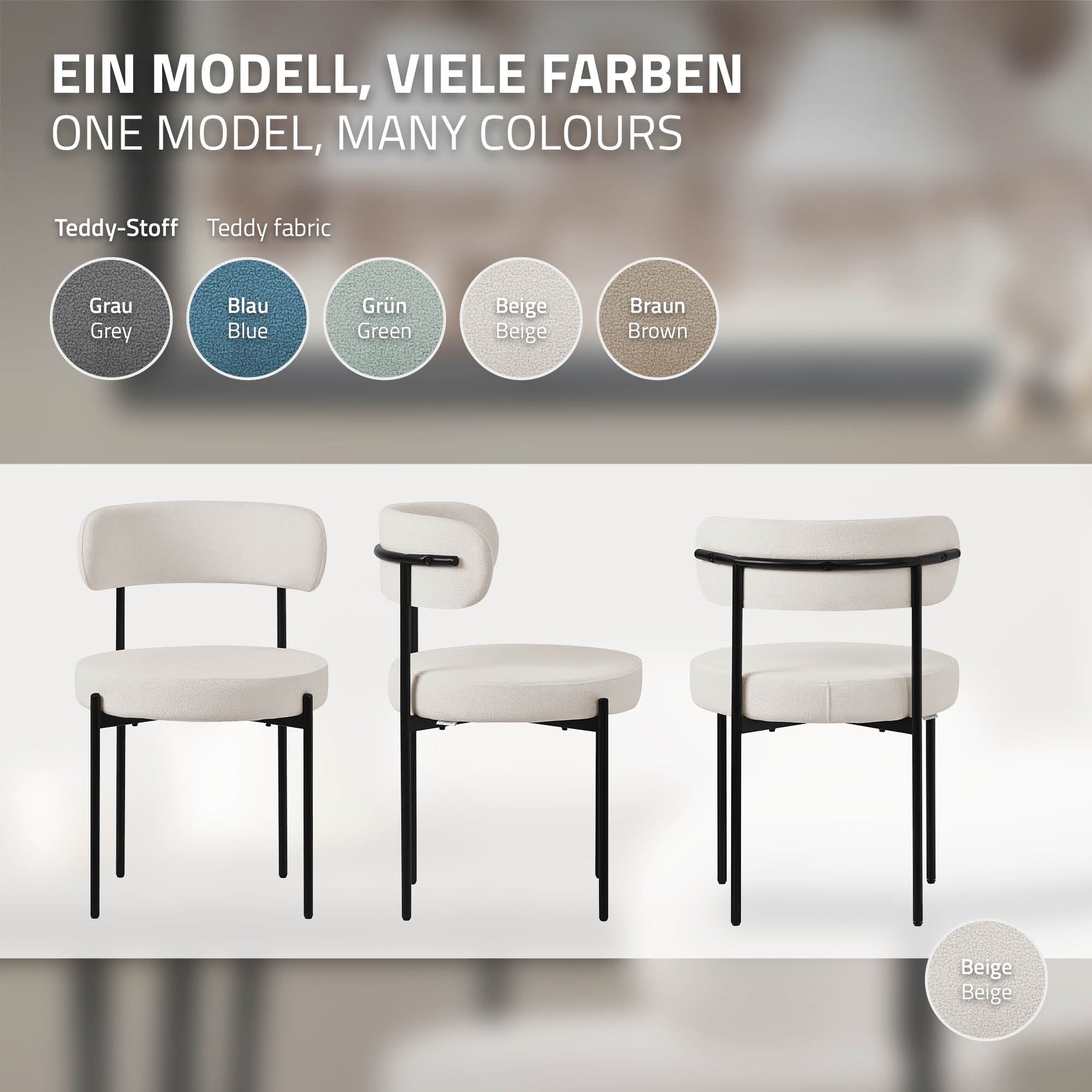 Drei Stühle in verschiedenen Farben auf einem hellen Hintergrund.
