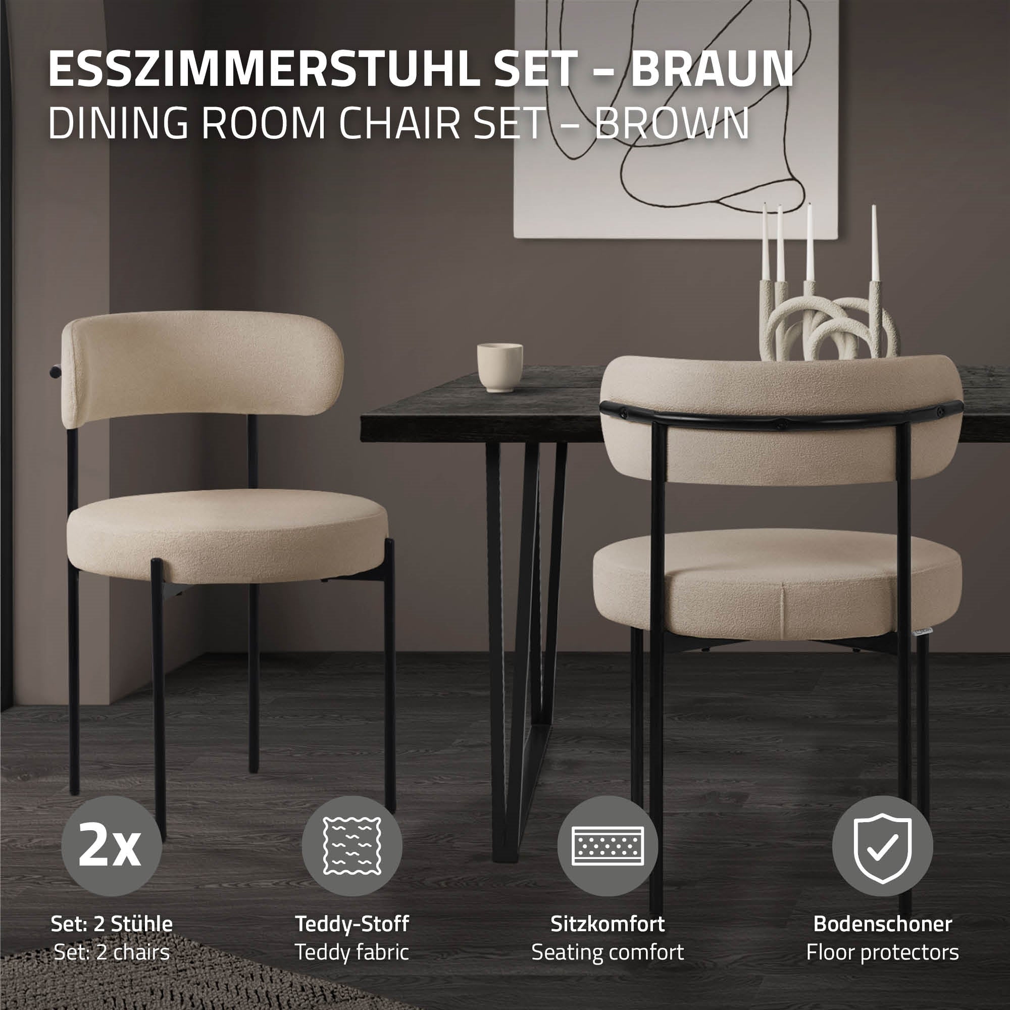 Zwei braune Stühle neben einem Tisch in einem Esszimmer.