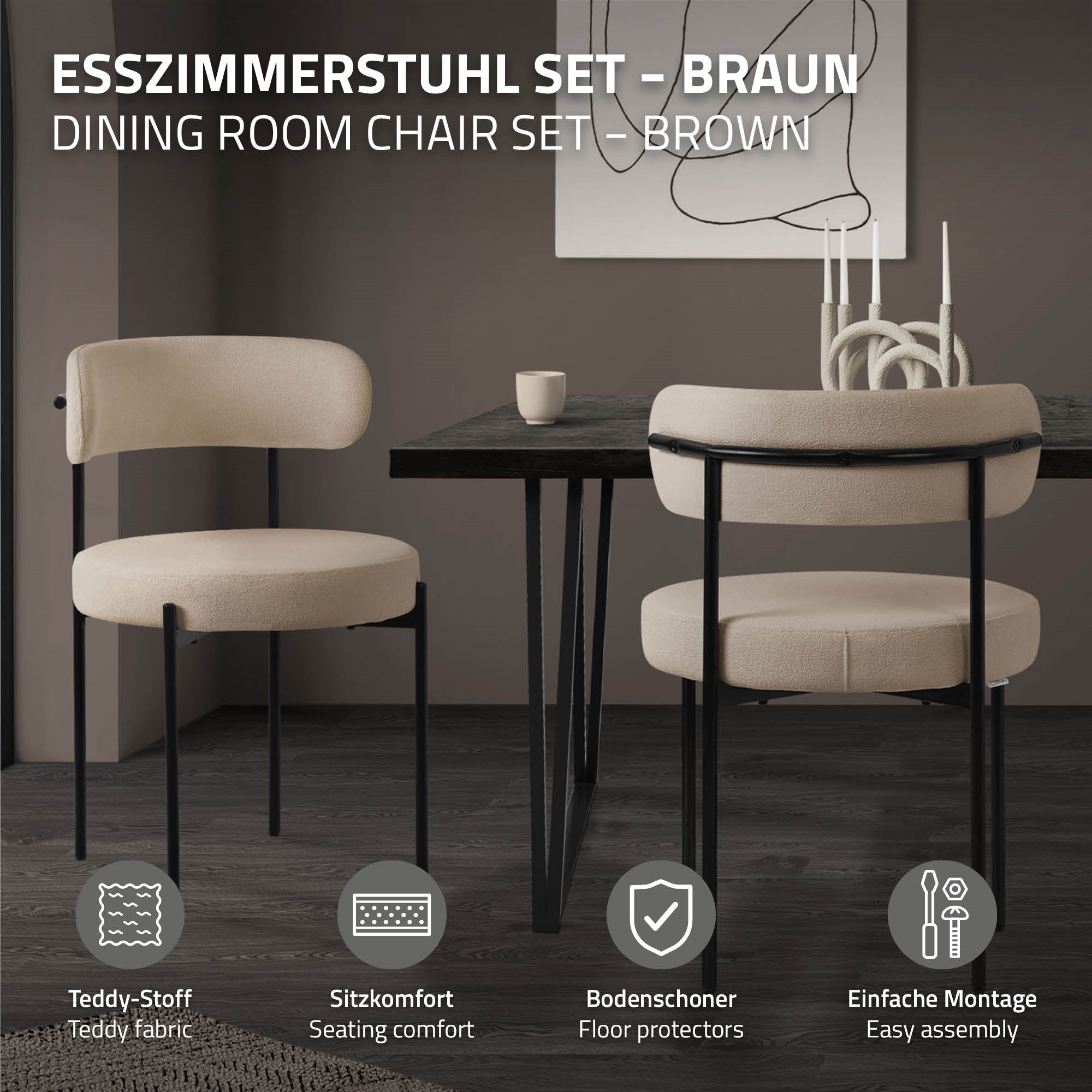 Braunes Esszimmerstuhl-Set an einem Tisch mit Dekoration.