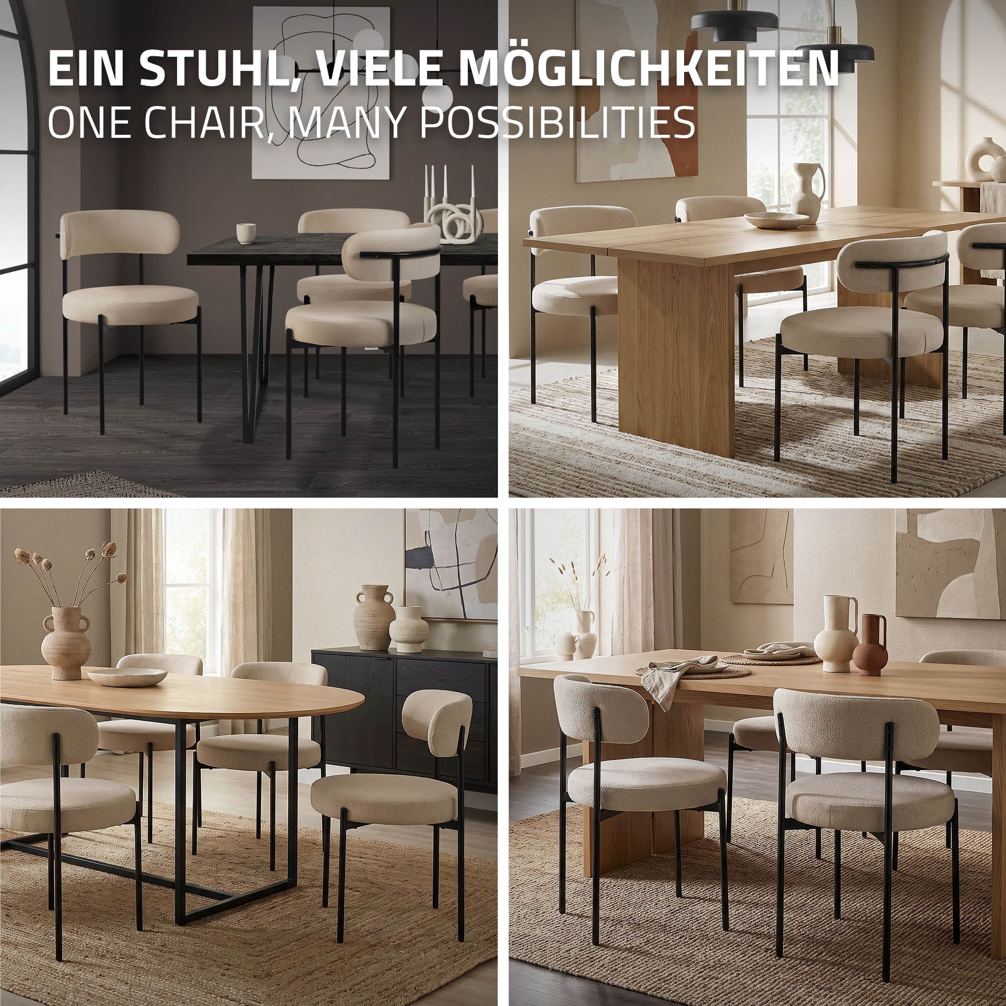 Ein Raum mit verschiedenen Stuhl- und Tischkombinationen in neutralen Farben.