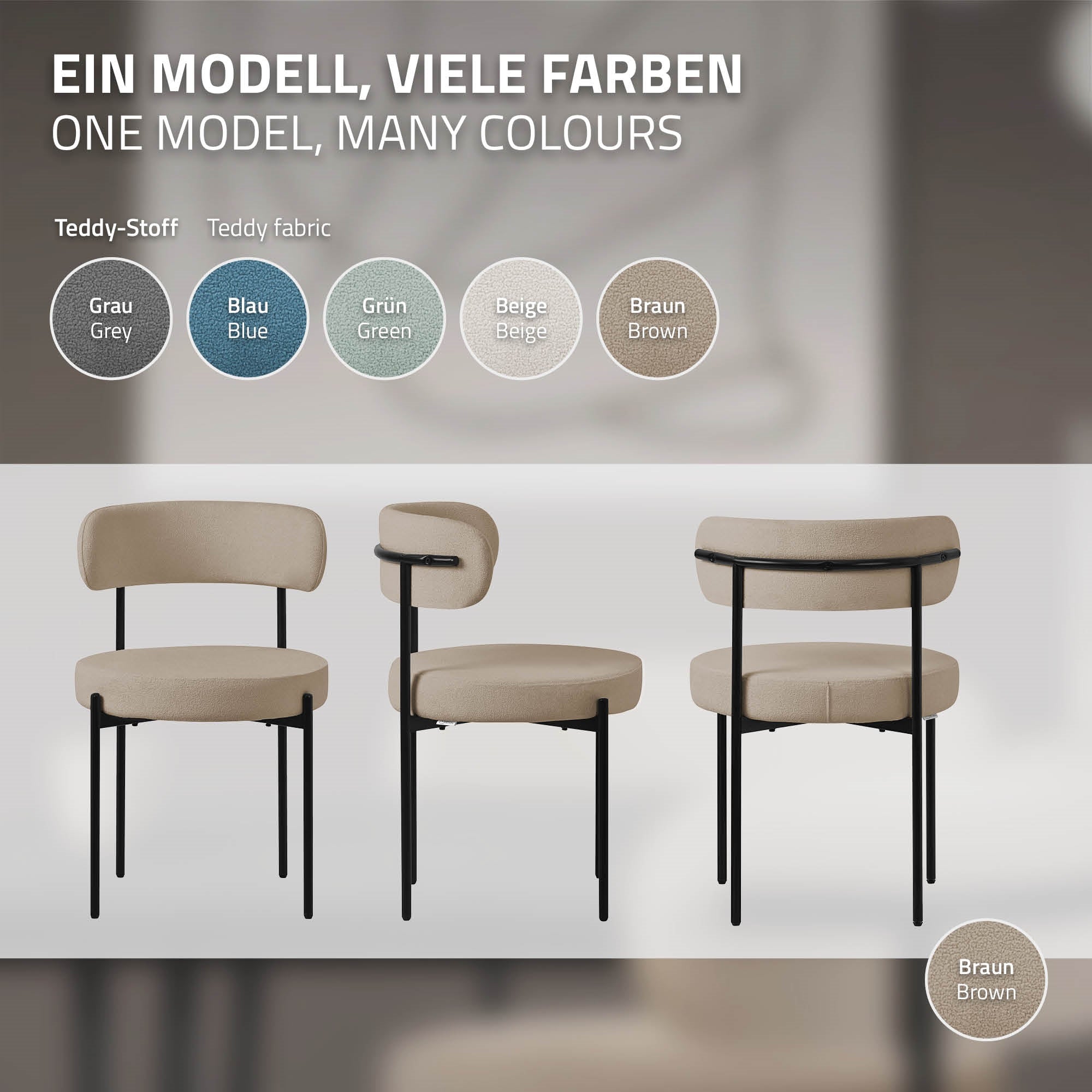 Drei Stühle in verschiedenen Farben auf einem unscharfen Hintergrund.