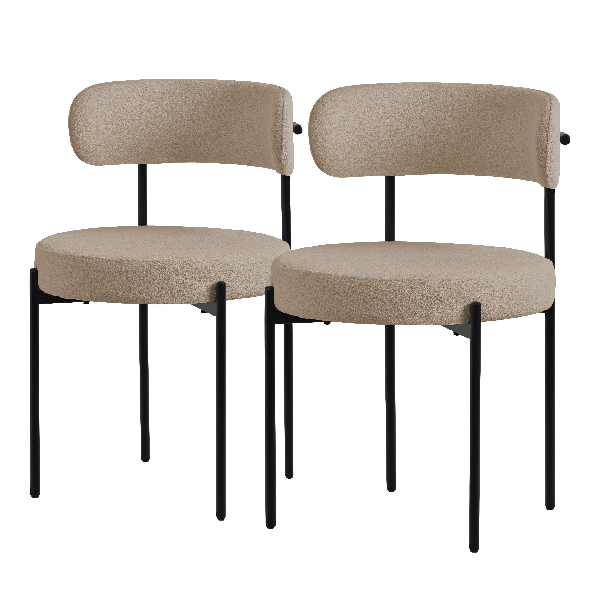 Zwei beige Stühle mit runden Sitzen und Rückenlehnen auf schwarzen Beinen.