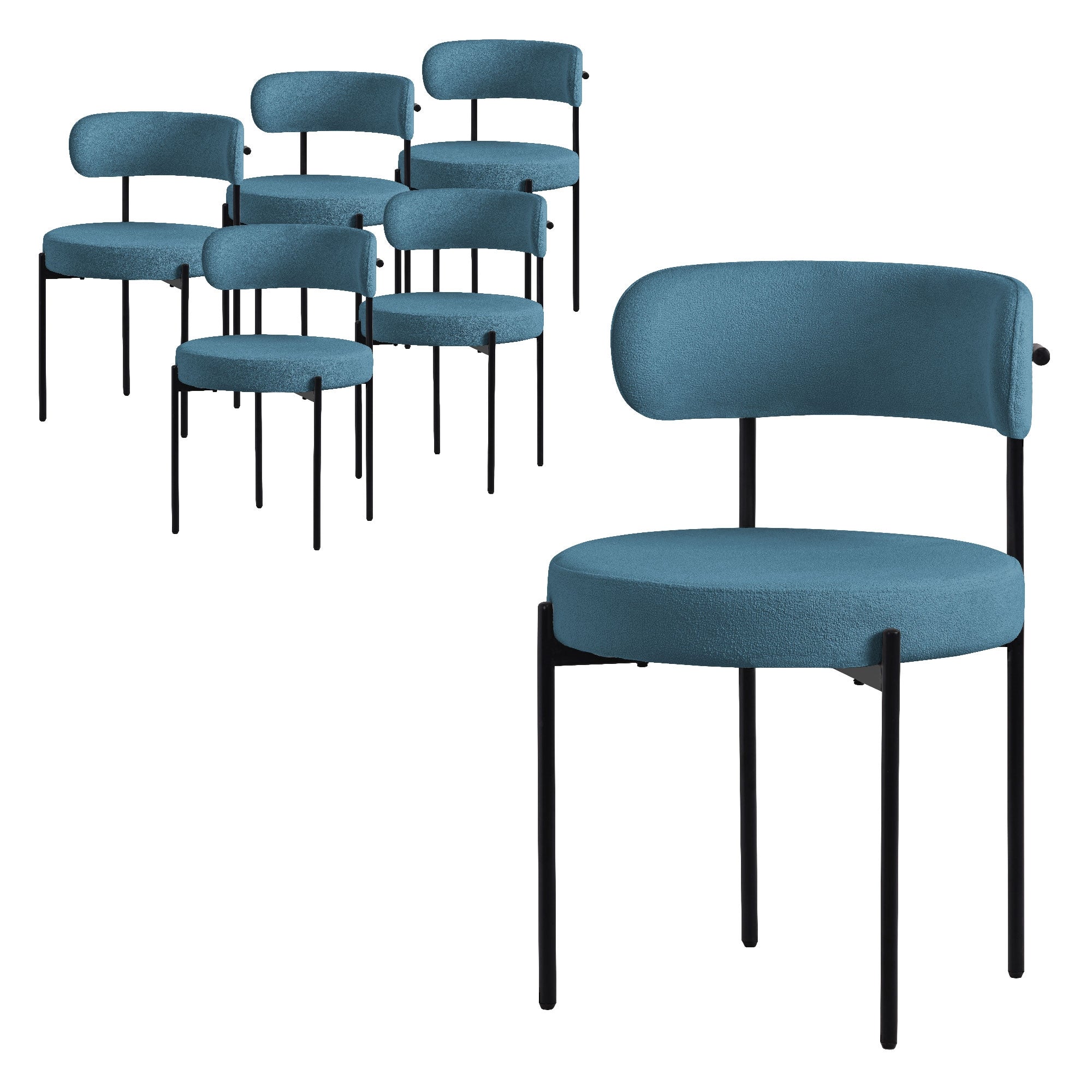 Sechs blaue Stühle mit schwarzem Gestell auf einem weißen Hintergrund.