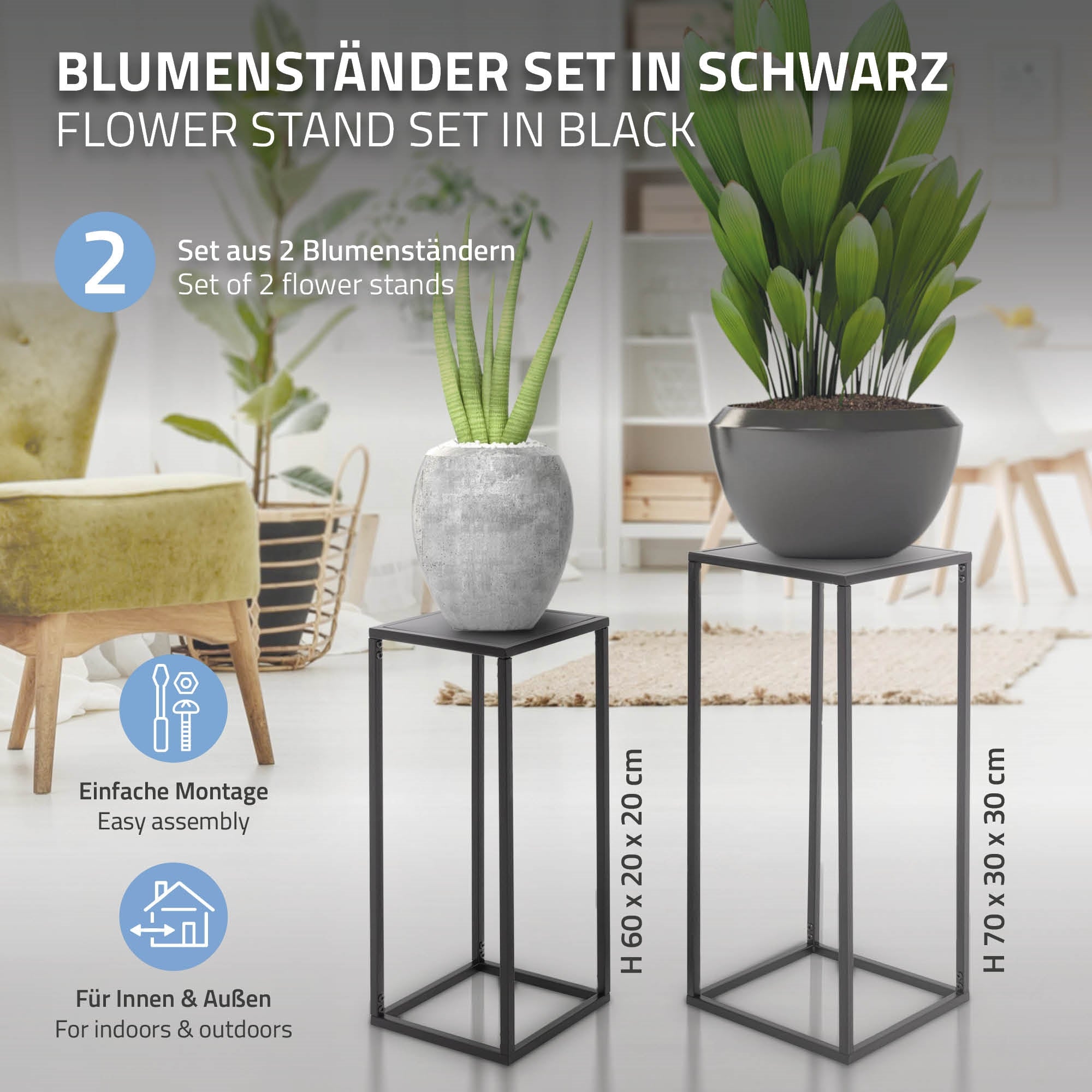 Zwei schwarze Blumenständer mit Pflanzen, einer hoch und einer niedrig.