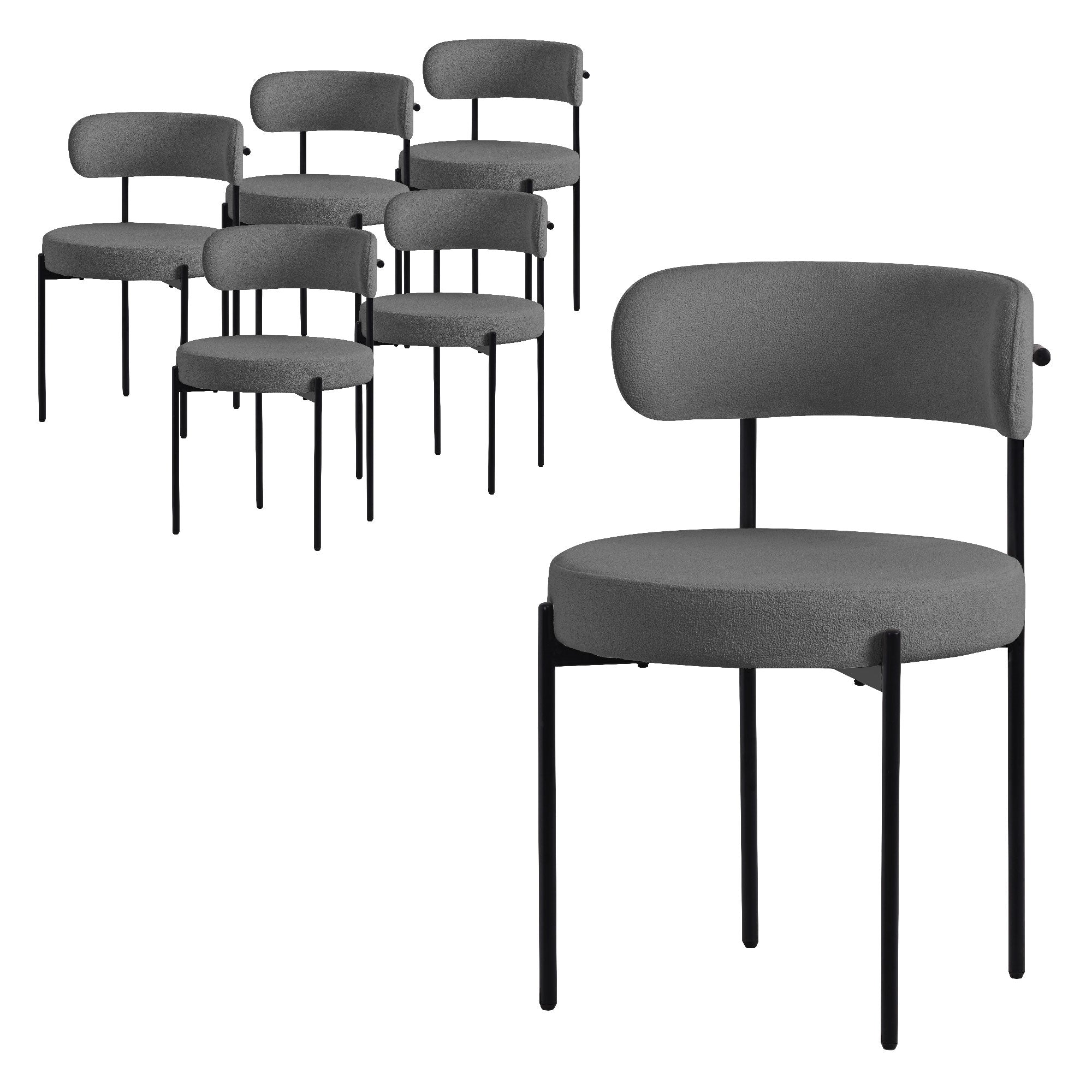 Gruppe af syv grå stole med minimalistisk form.