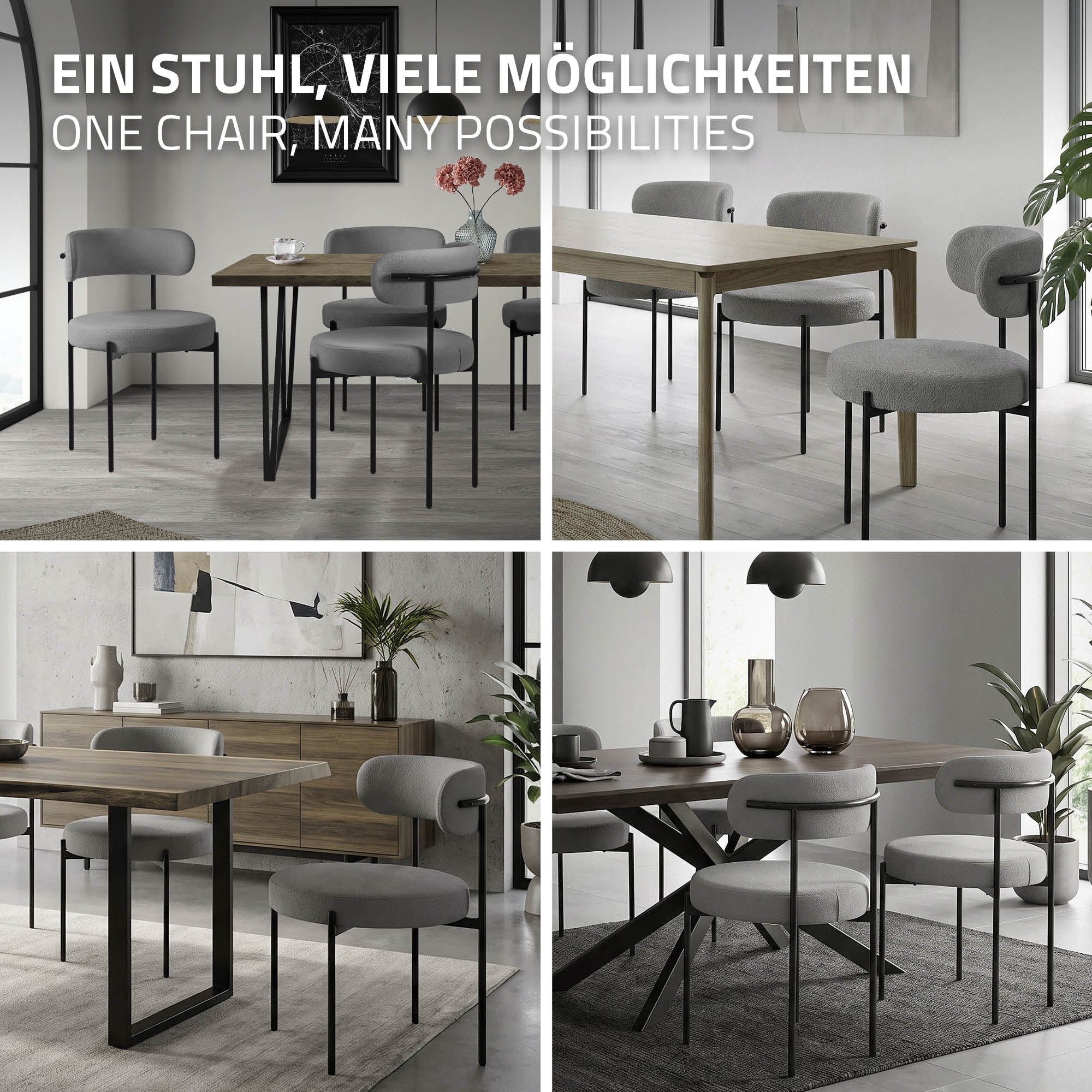 Verschiedene Stühle in einem modernen Esszimmer mit Tisch und Dekoration.