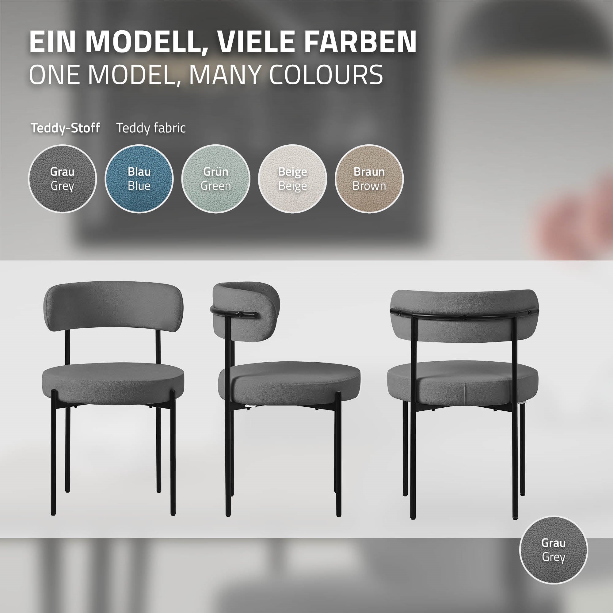 Drei Stühle in verschiedenen Farben auf einem grauen Hintergrund.