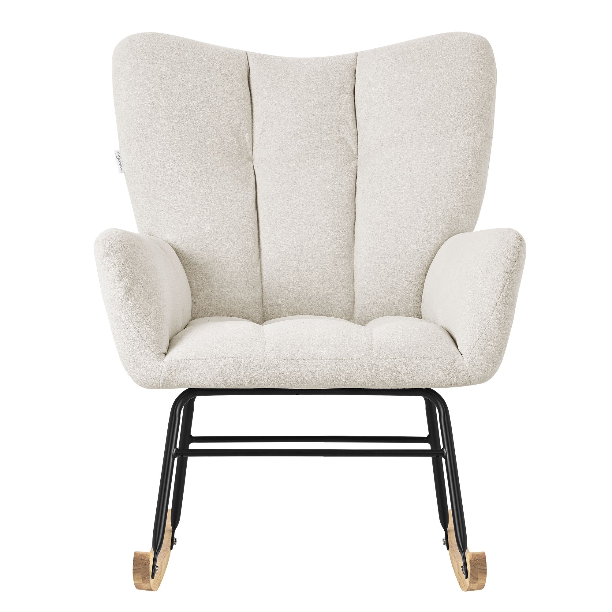 Ein beige Schaukelstuhl von vorne, mit gepolstertem Sitz und Rückenlehne.