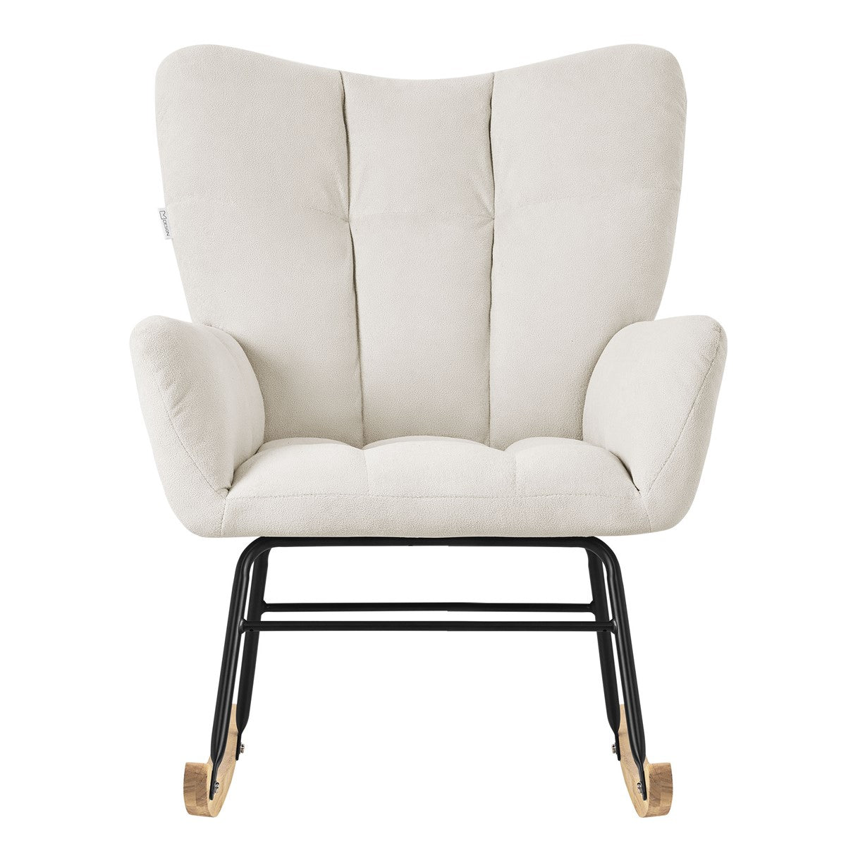 Ein beige Schaukelstuhl von vorne, mit gepolstertem Sitz und Rückenlehne.