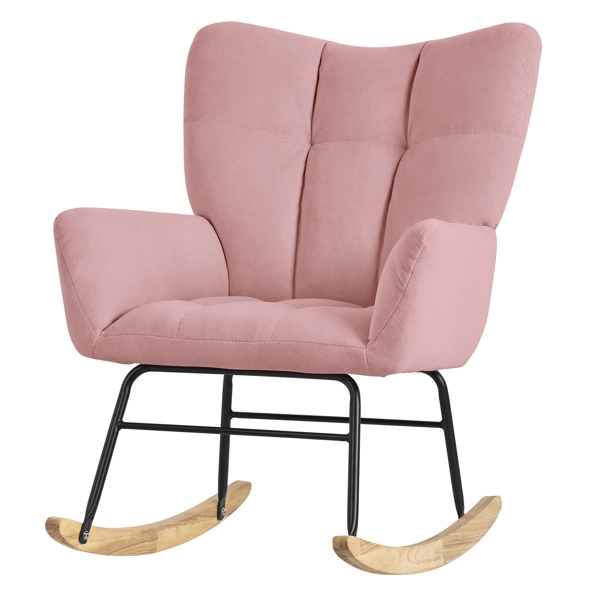 Ein rosa Schaukelstuhl mit gepolstertem Sitz und Holzschaukeln.