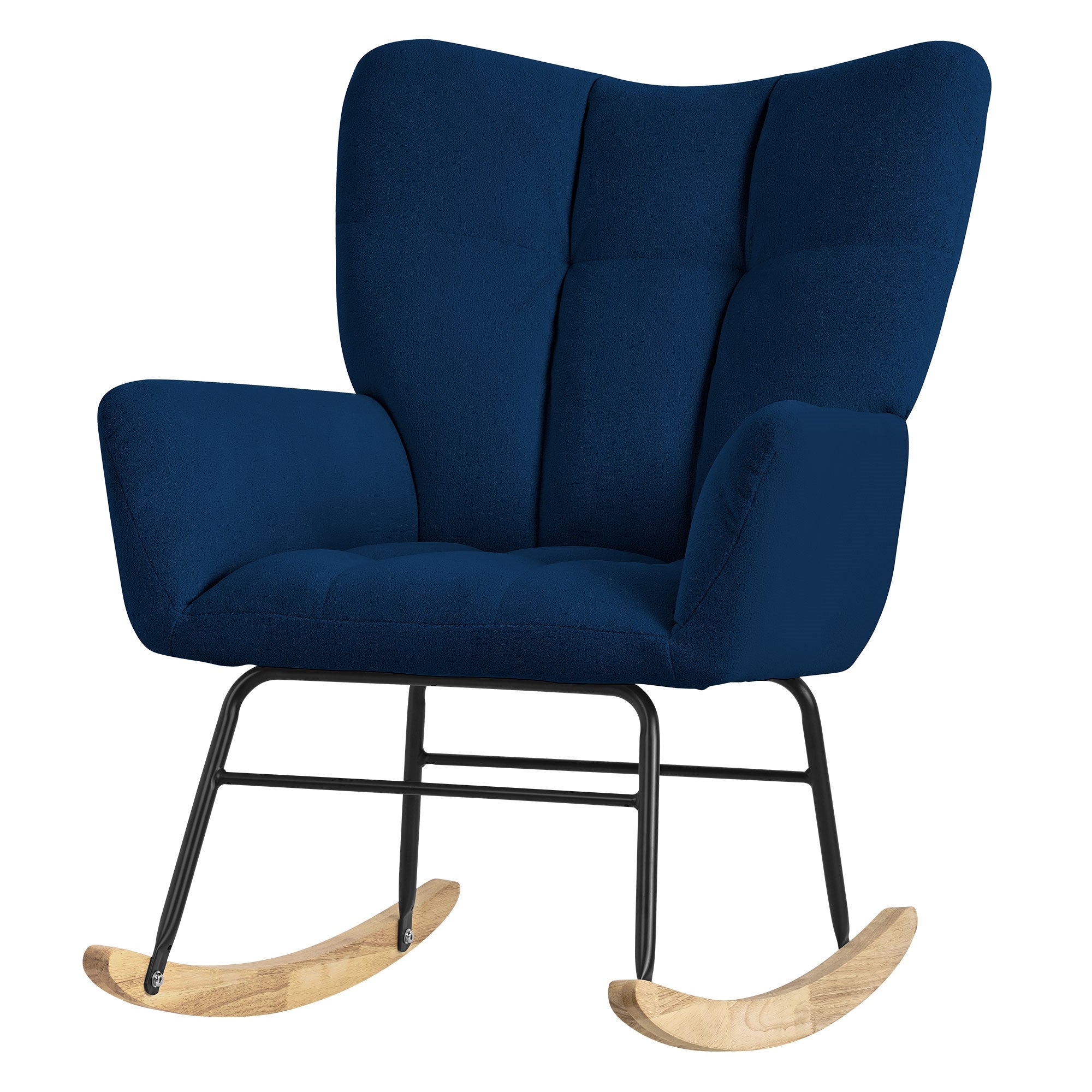 Ein blauer Schaukelstuhl mit gepolstertem Sitz und Holzschaukeln.