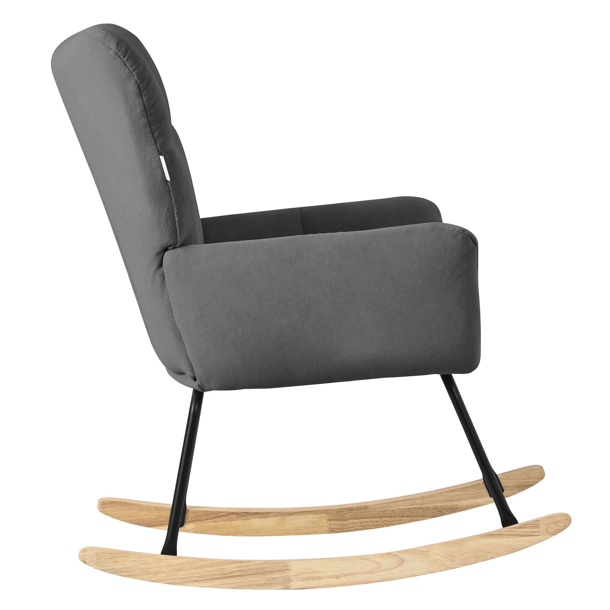 Seitenansicht eines grauen Schaukelstuhls mit Holzfüßen.
