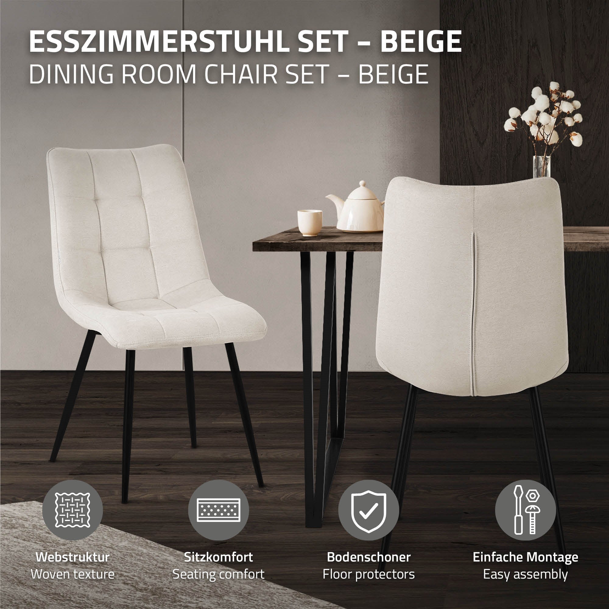 Beige Esszimmerstuhl vor einem Tisch, mit Informationen zu Struktur und Montage.
