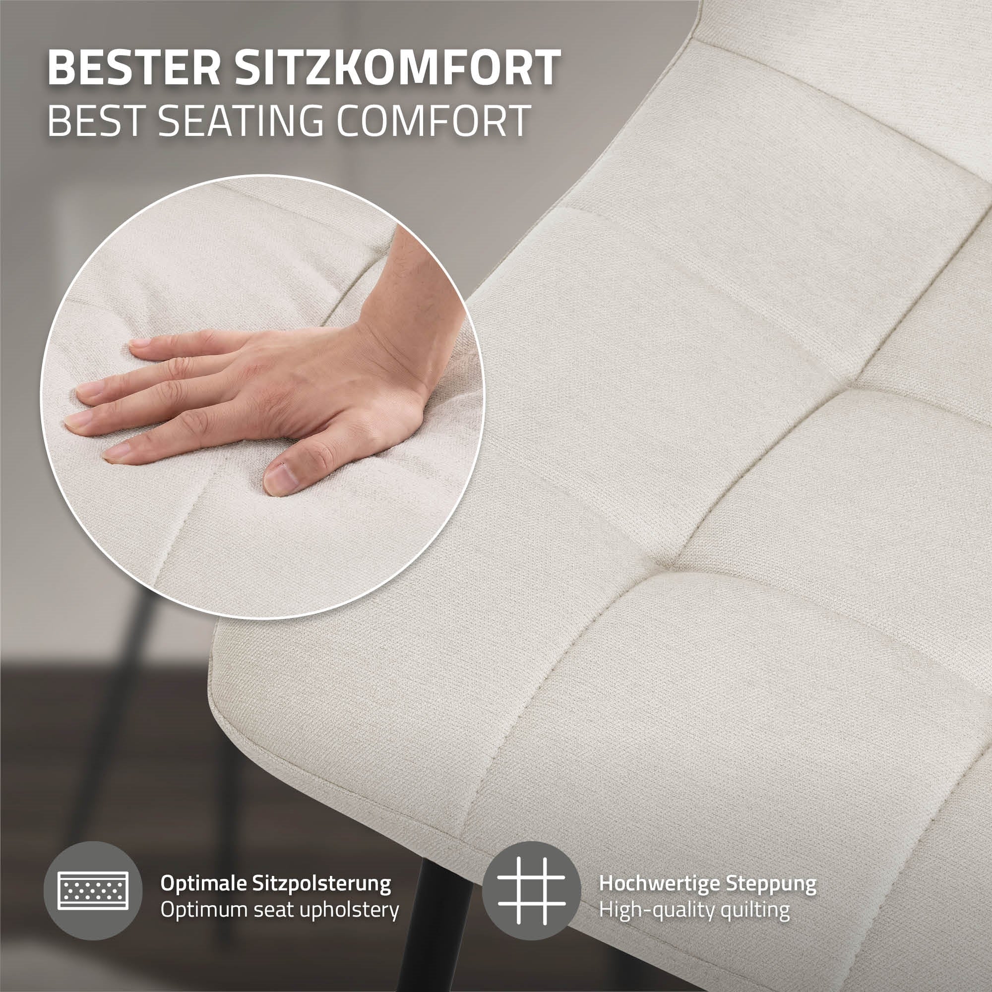 Nahaufnahme einer Hand auf einem gepolsterten Stuhl.