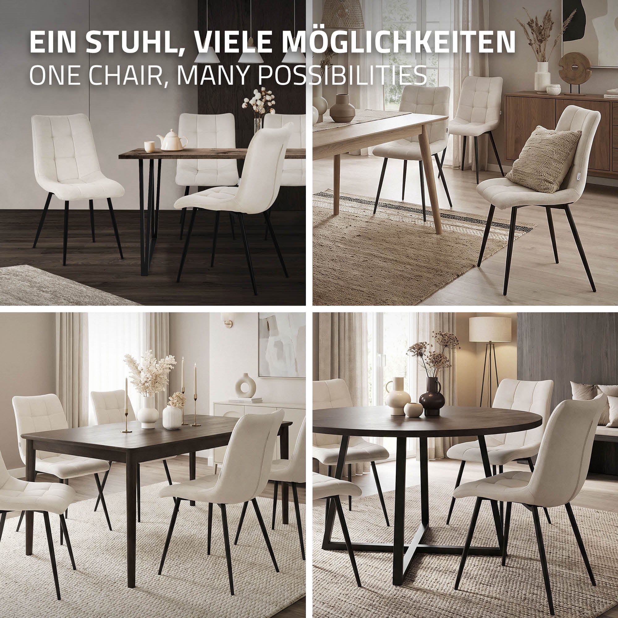 Collage von Stühlen in verschiedenen Esszimmeranordnungen.