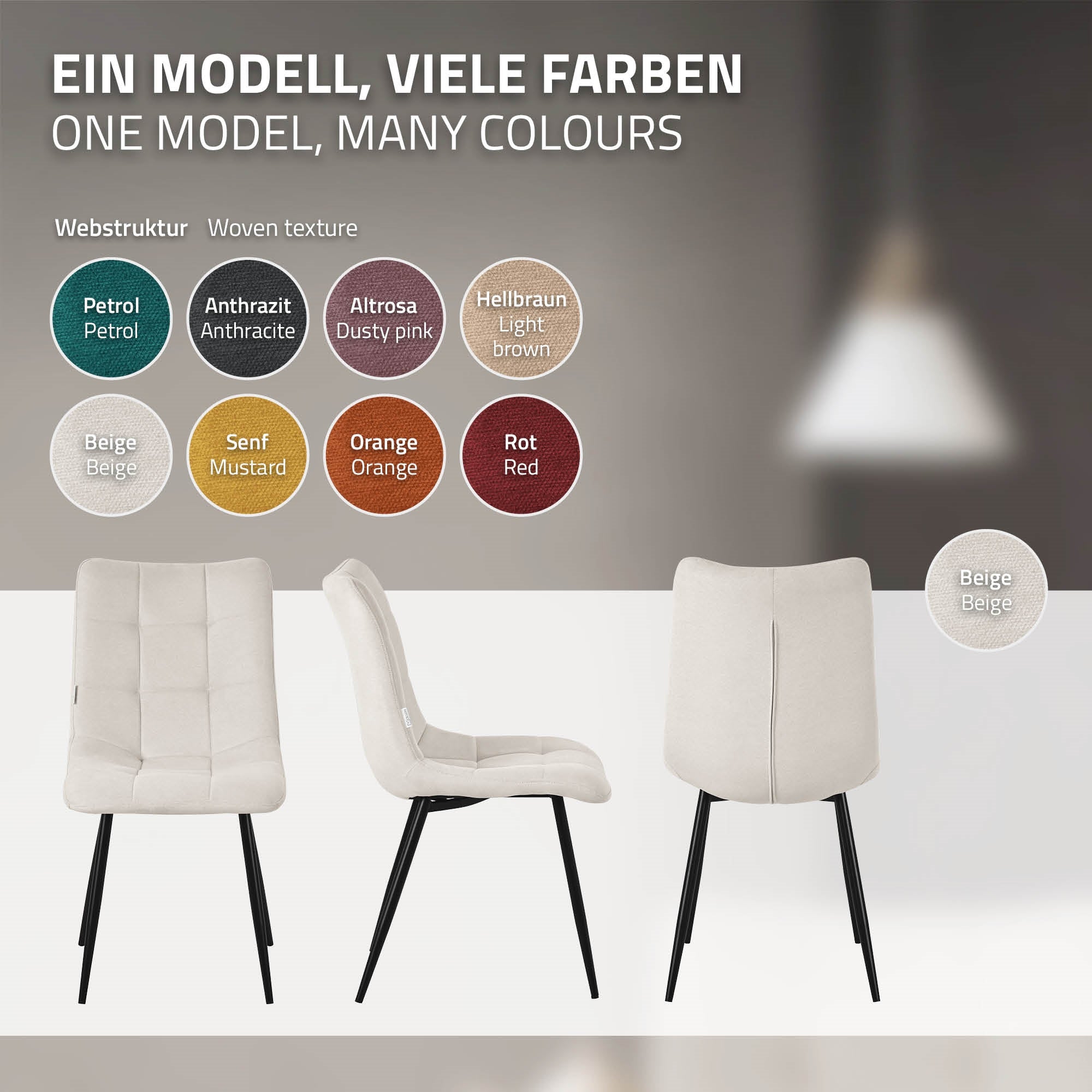 Beige Stühle in verschiedenen Farben auf einem Hintergrund.