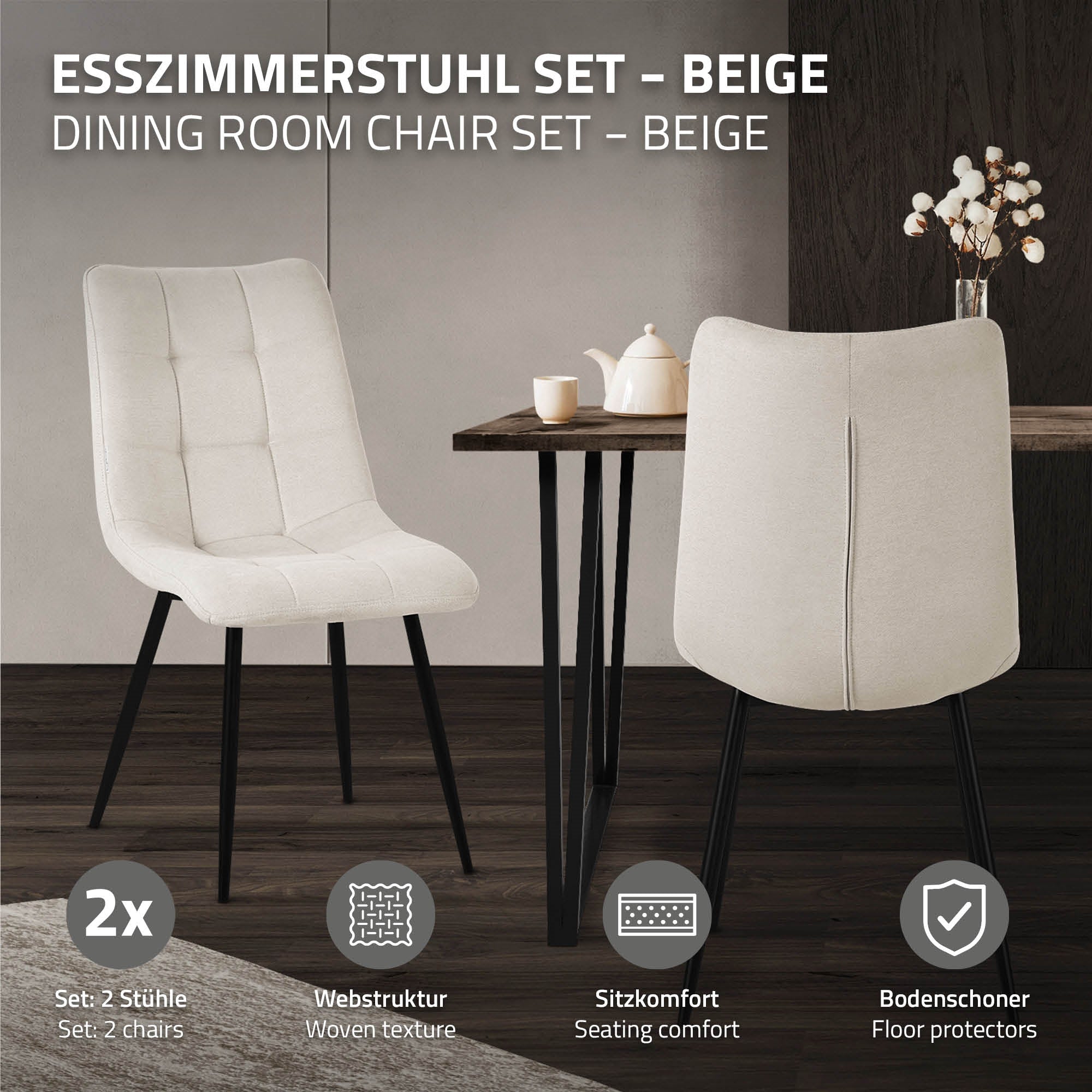 Beige Esszimmerstuhl-Set mit zwei Stühlen und Tisch.