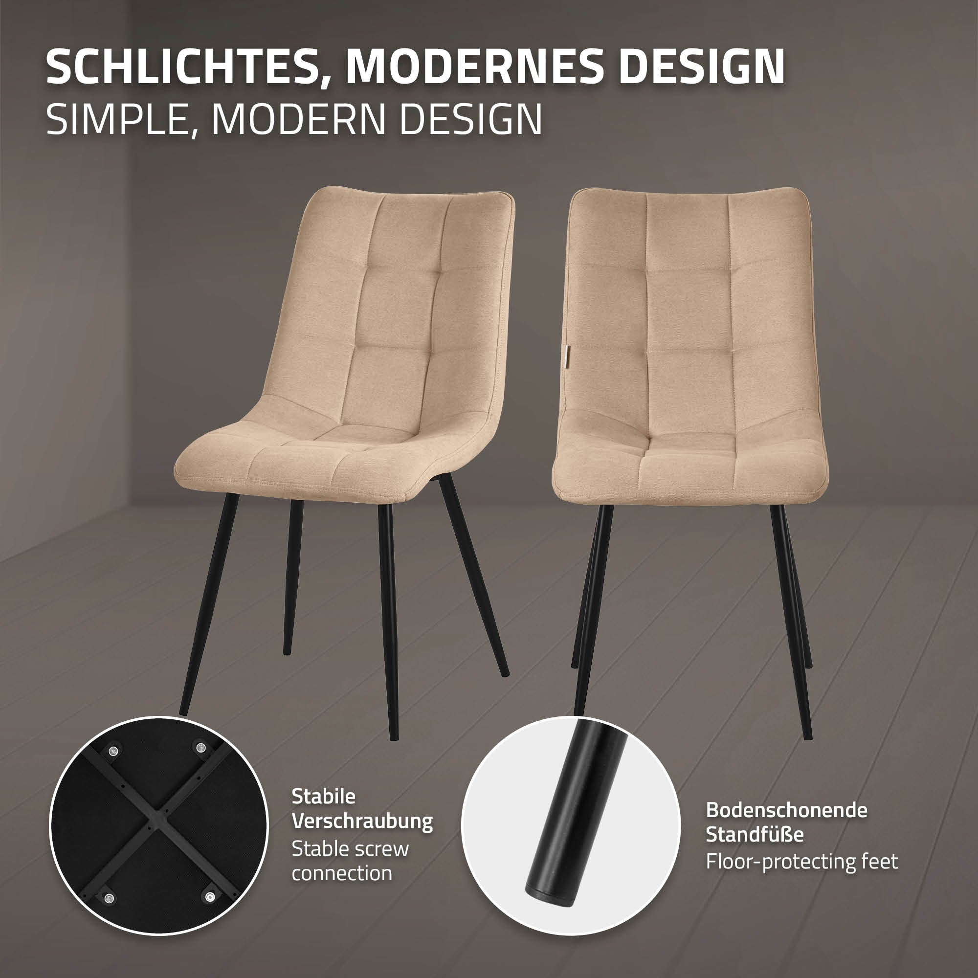 Zwei beige Stühle mit stabilen Beinen in einem minimalistischen Raum.