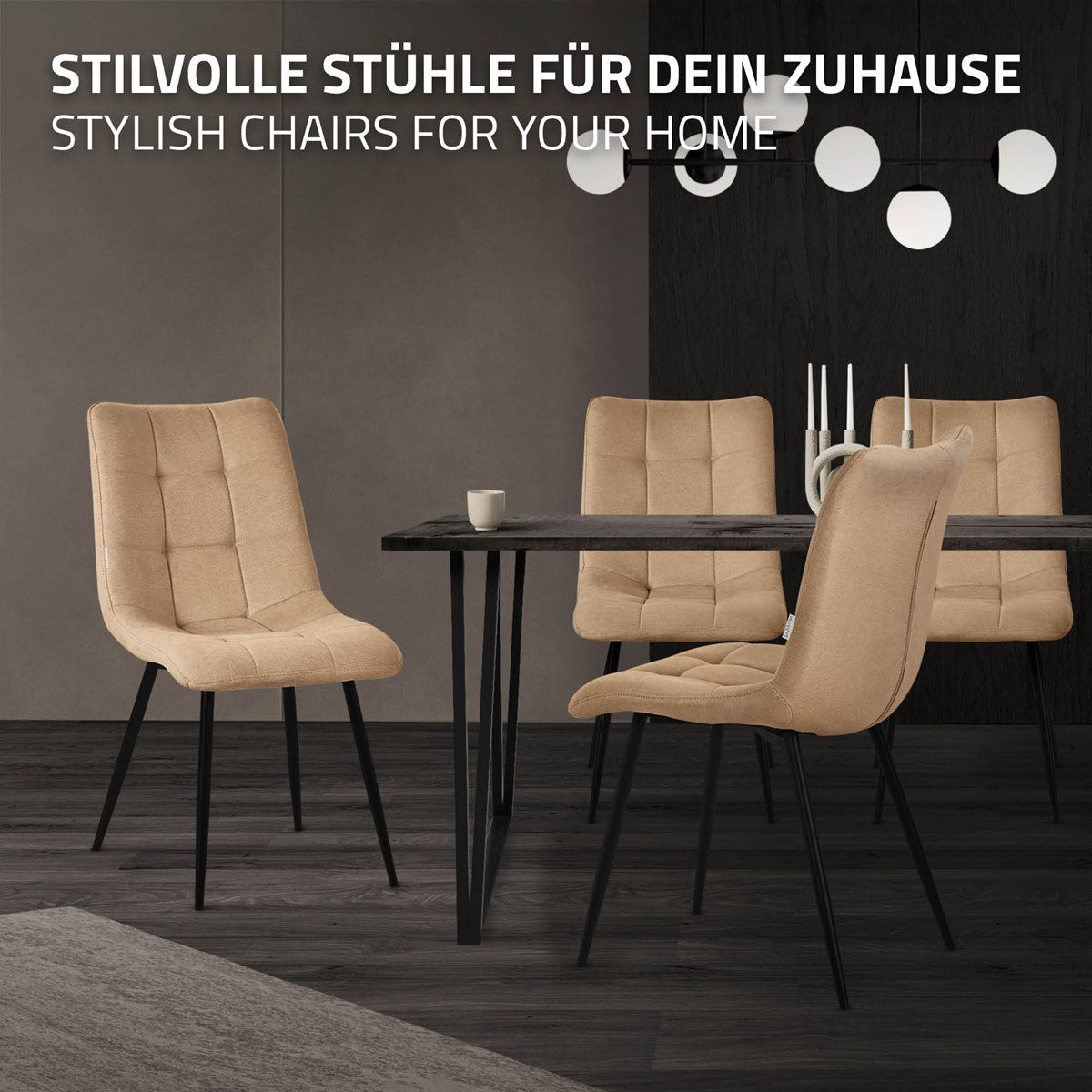 Négy stílusos szék egy asztal körül egy modern helyiségben.