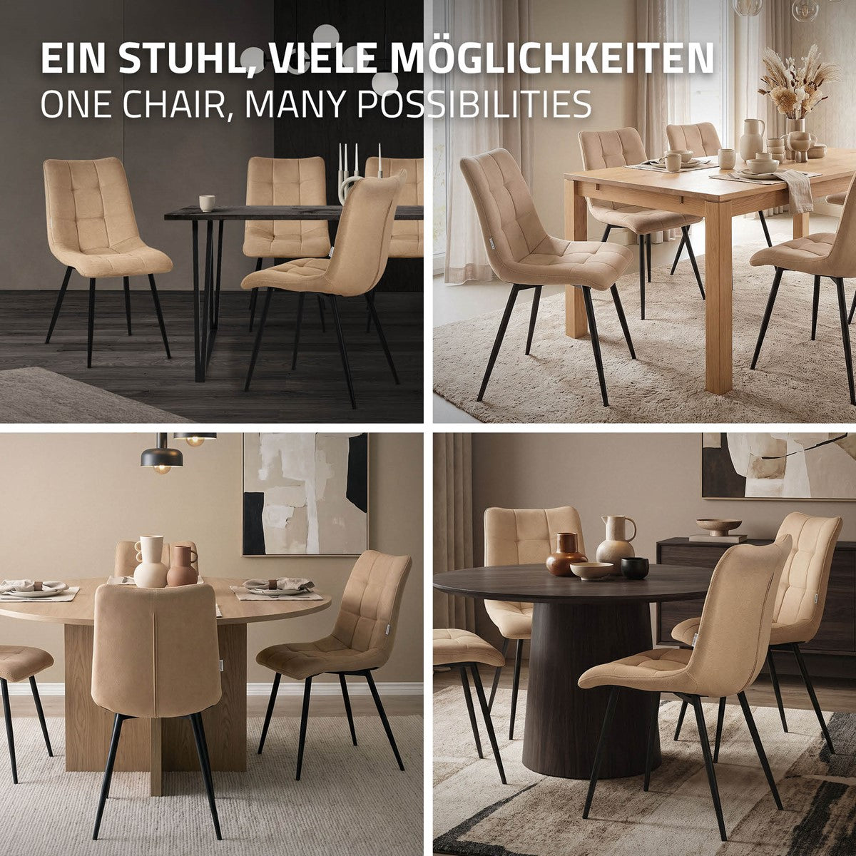 Verschiedene Esszimmerstühle in beige und braun an verschiedenen Tischen.