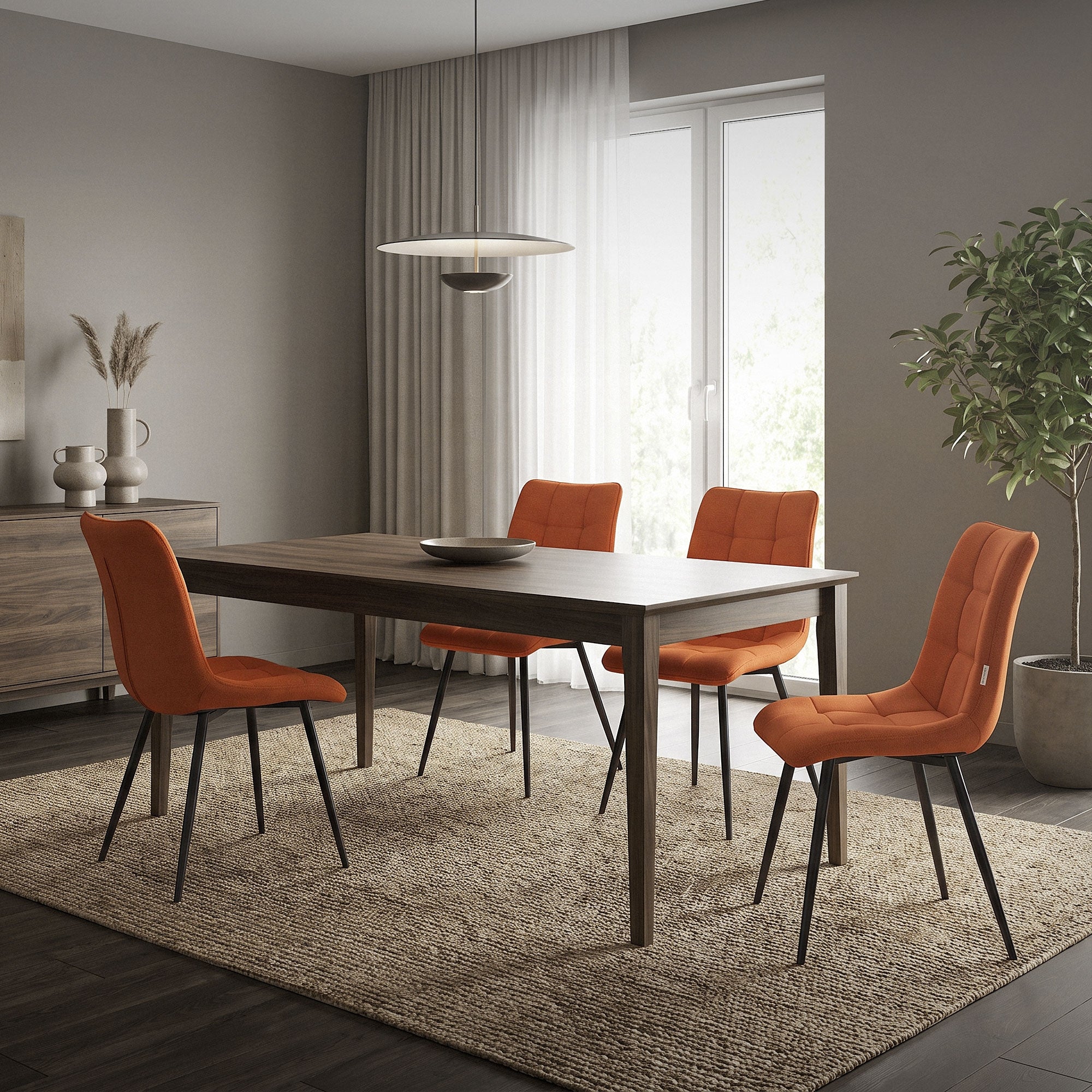 Esszimmer mit einem Tisch und vier orangefarbenen Stühlen auf einem Teppich.