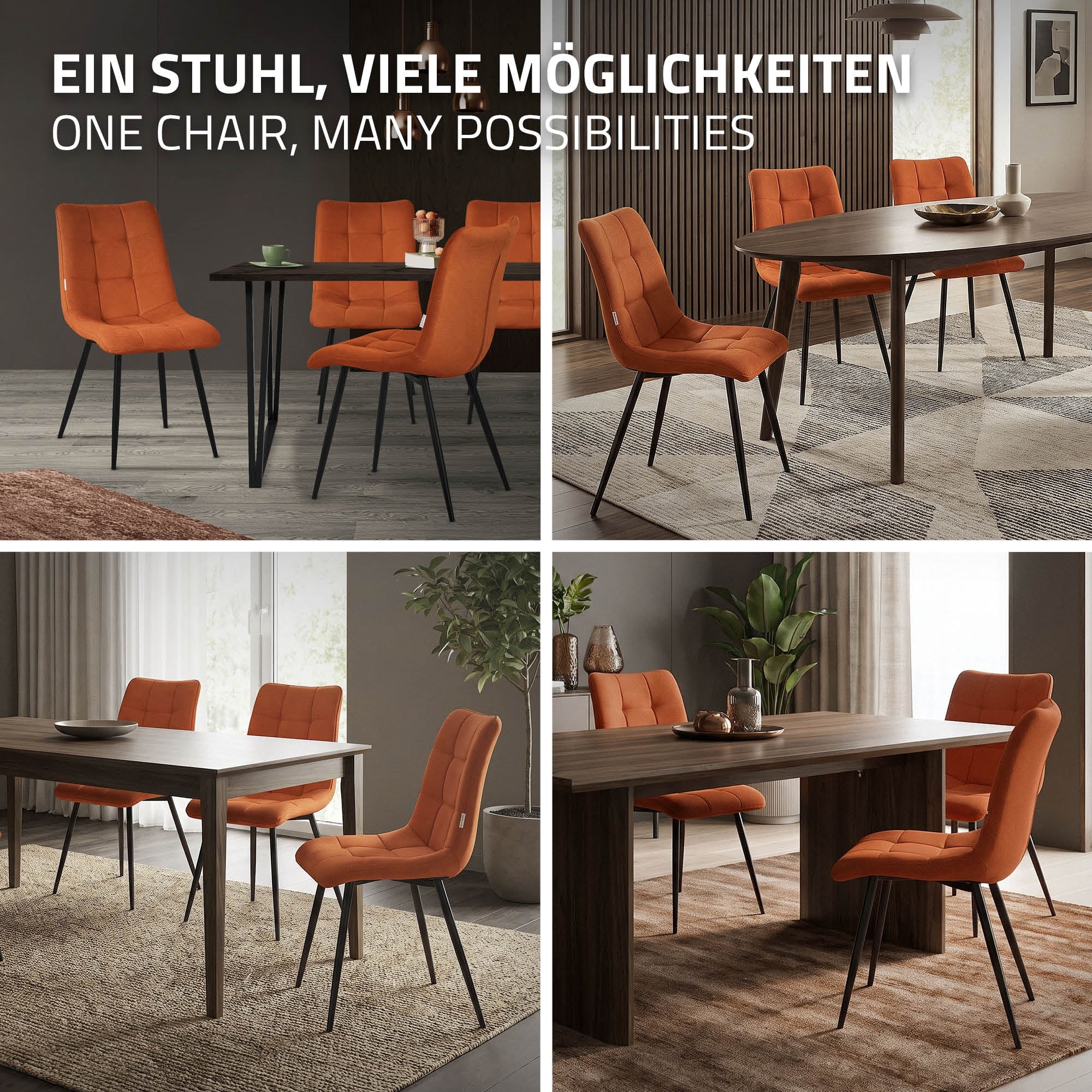 Verschiedene orangefarbene Stühle um einen Tisch in einem modernen Raum.