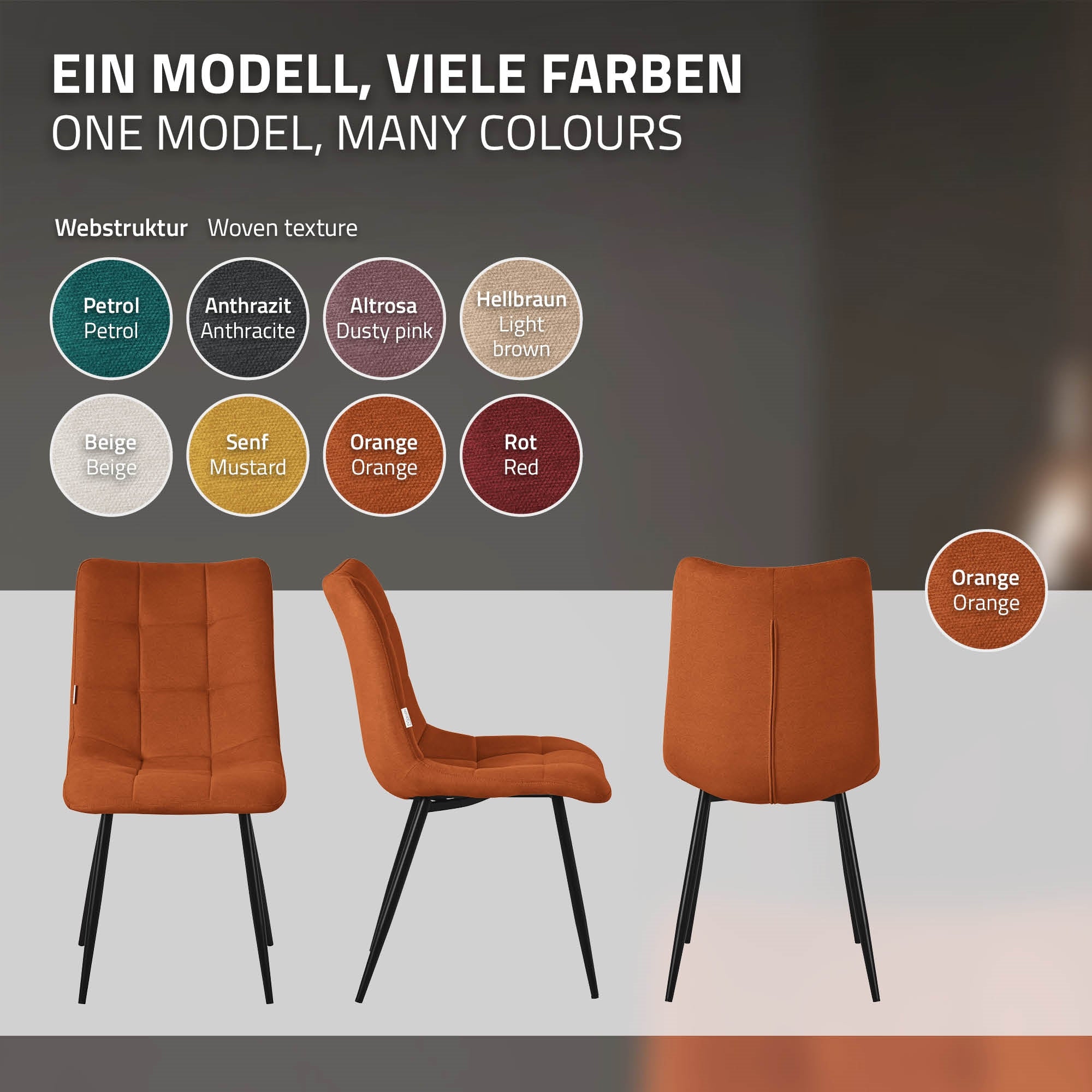 Ein orangefarbener Stuhl mit verschiedenen Farboptionen auf einem weißen Hintergrund.