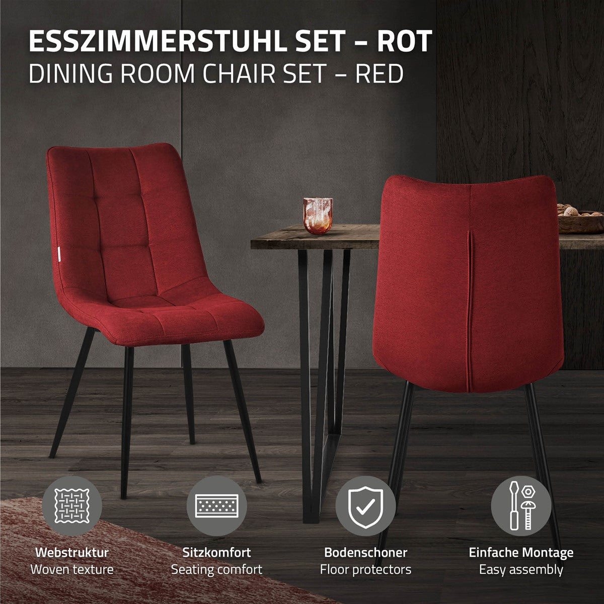 Rotes Esszimmerstuhl-Set mit zwei Stühlen und Tisch.