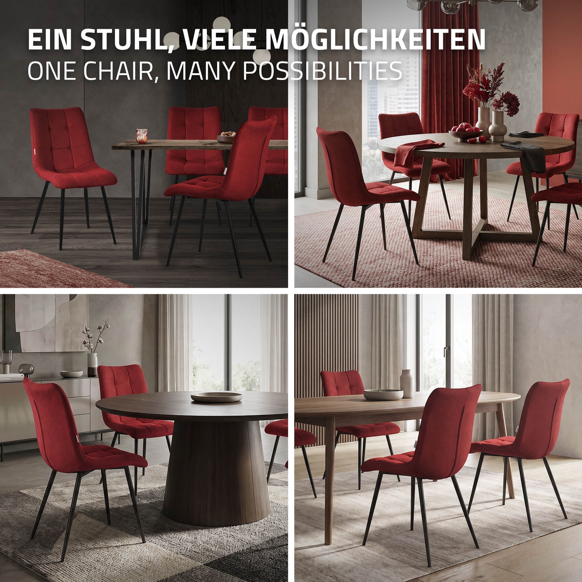 Rote Stühle um einen Tisch in einem modernen Esszimmer.