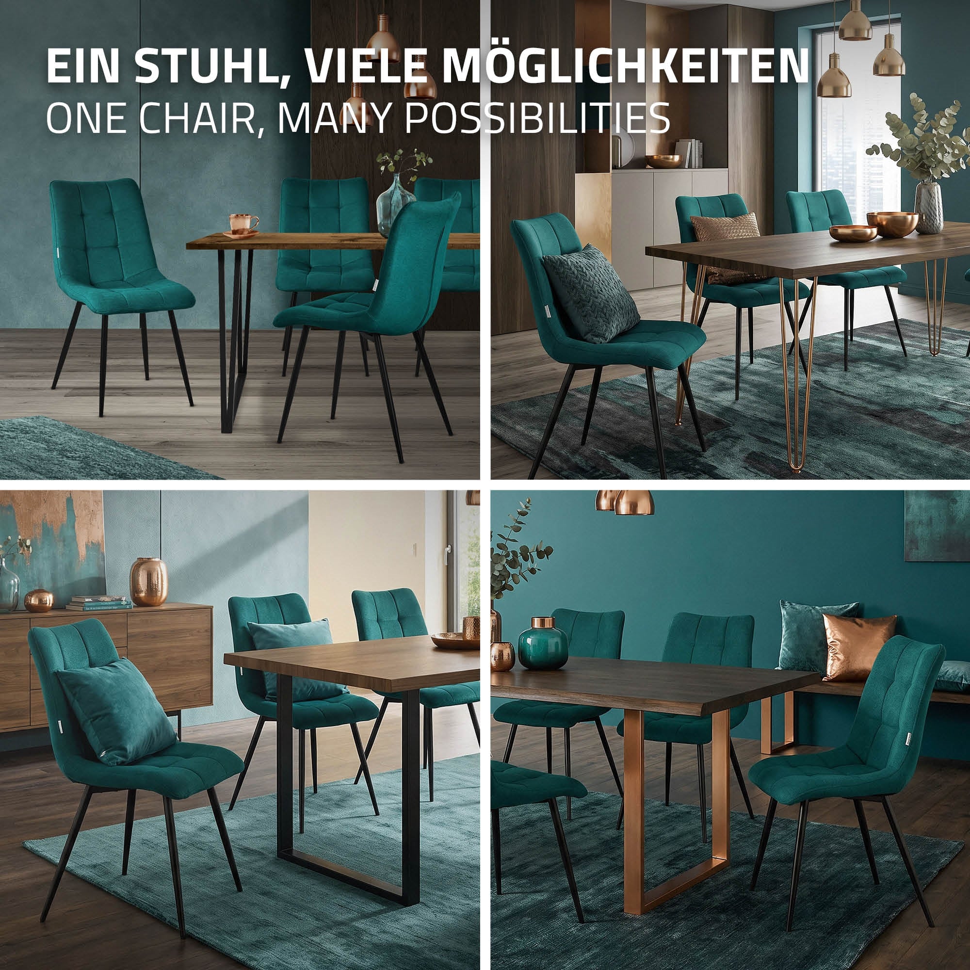 Vier Stühle und ein Tisch in verschiedenen Anordnungen.