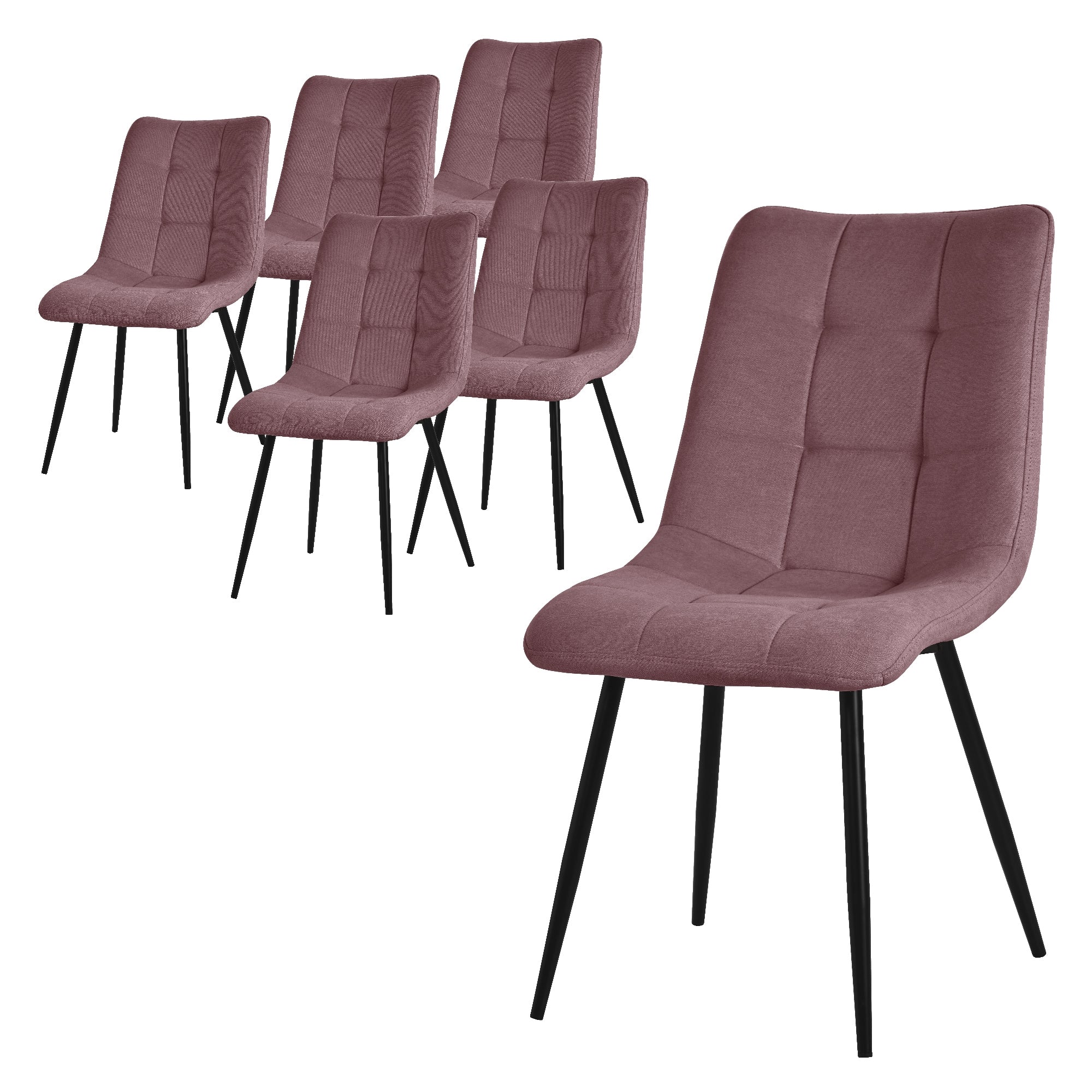 Sechs rosa Stühle mit gepolsterten Sitzen und schwarzen Beinen.