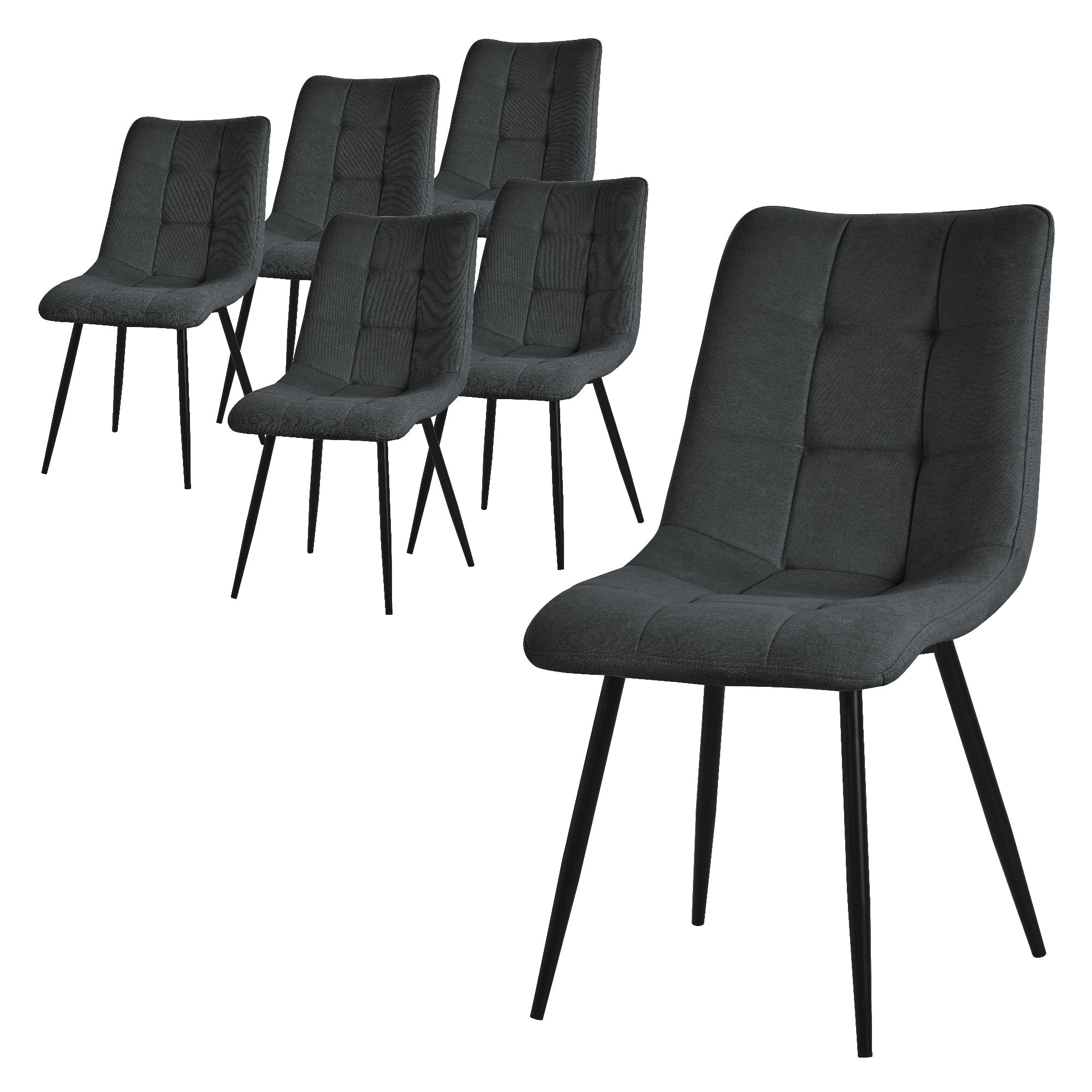 Sechs schwarze Stühle mit gepolsterten Sitzen und schwarzen Beinen.