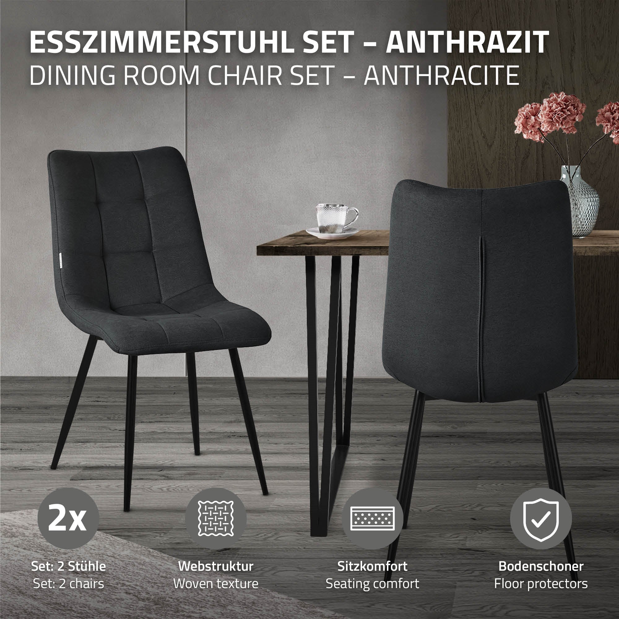 Anthrazitfarbene Esszimmerstühle mit Tisch und Beschreibung der Eigenschaften.