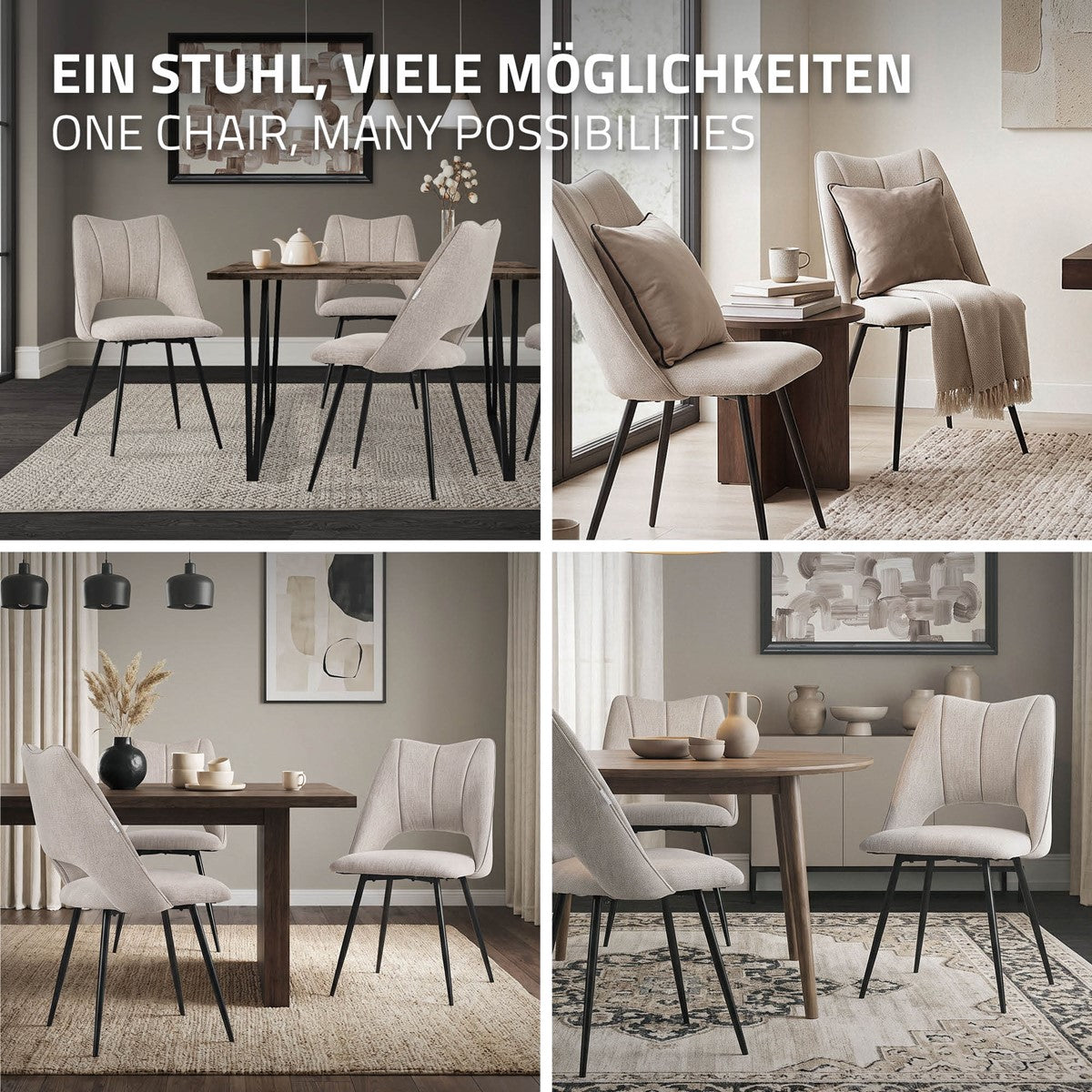 Vier Esszimmerstühle in verschiedenen Arrangements um einen Tisch.