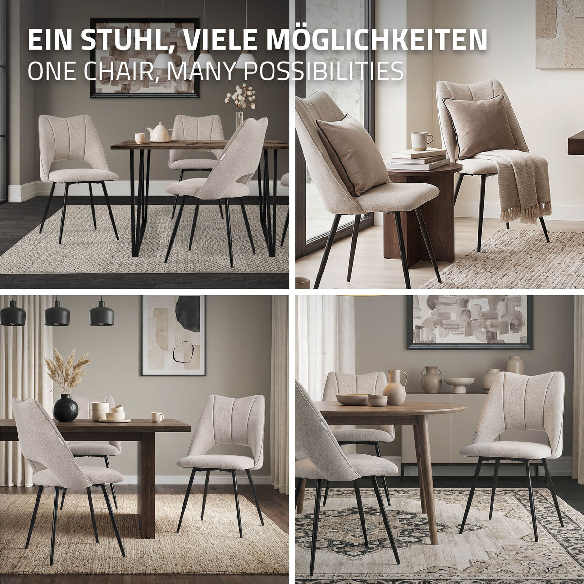 Fire spisestuestole i forskellige arrangementer omkring et bord.